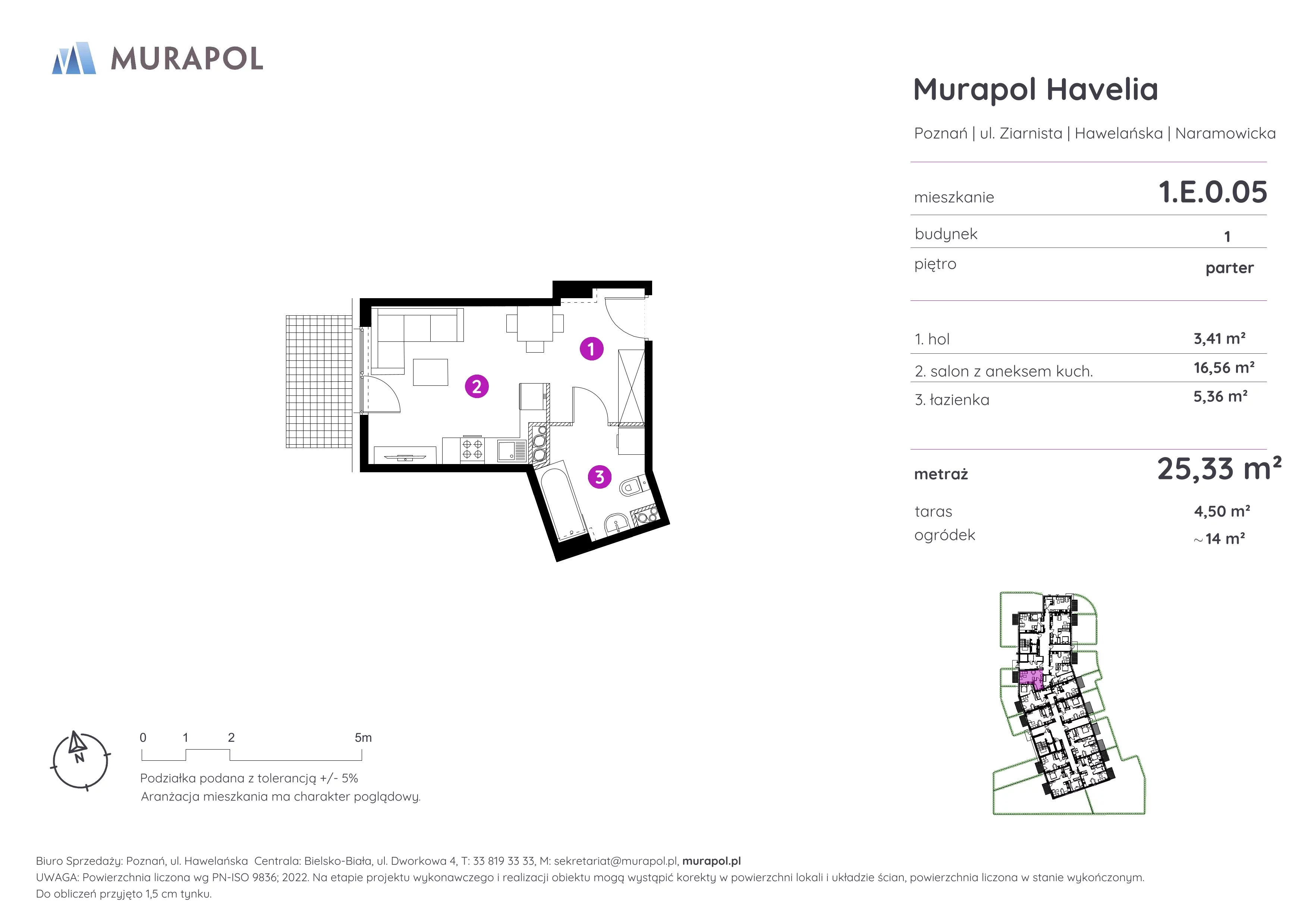 1 pokój, mieszkanie 25,33 m², parter, oferta nr 1.E.0.05, Murapol Havelia, Poznań, Winogrady, Stare Winogrady, ul. Ziarnista / Naramowicka
