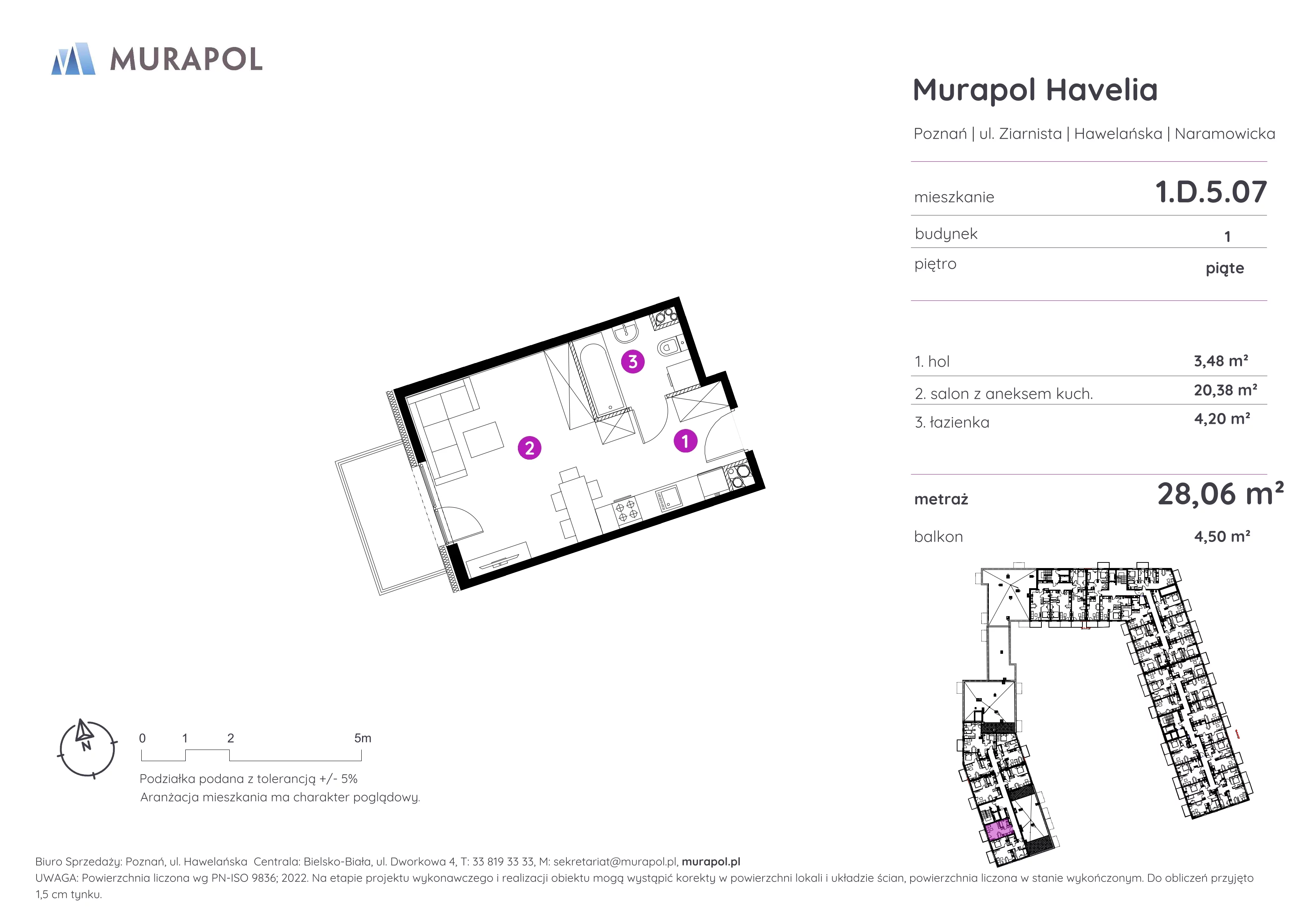 1 pokój, mieszkanie 28,06 m², piętro 5, oferta nr 1.D.5.07, Murapol Havelia, Poznań, Winogrady, Stare Winogrady, ul. Ziarnista / Naramowicka