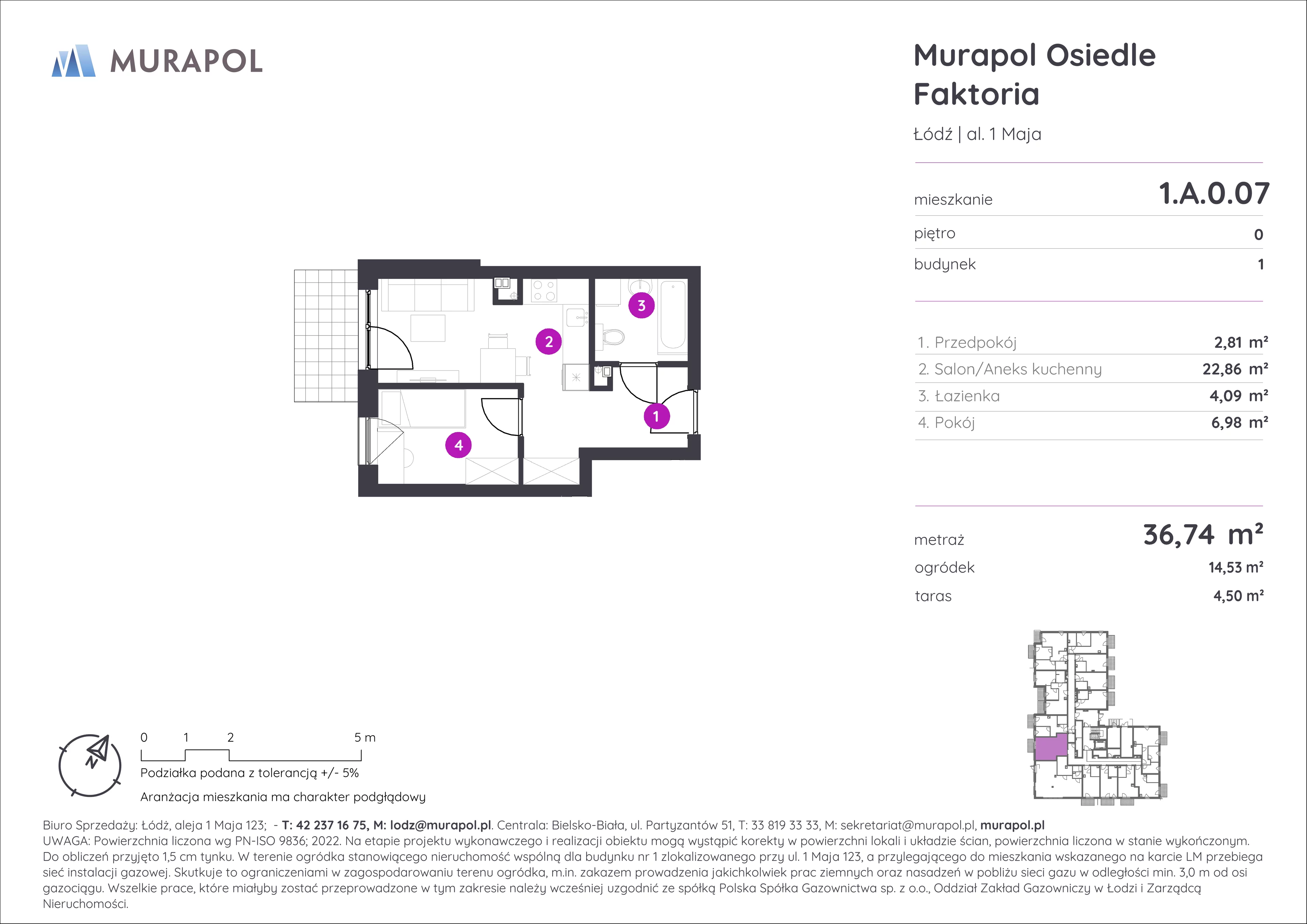 Mieszkanie 36,74 m², parter, oferta nr 1.A.0.07, Murapol Osiedle Faktoria, Łódź, Polesie, Stare Polesie, al. 1 Maja