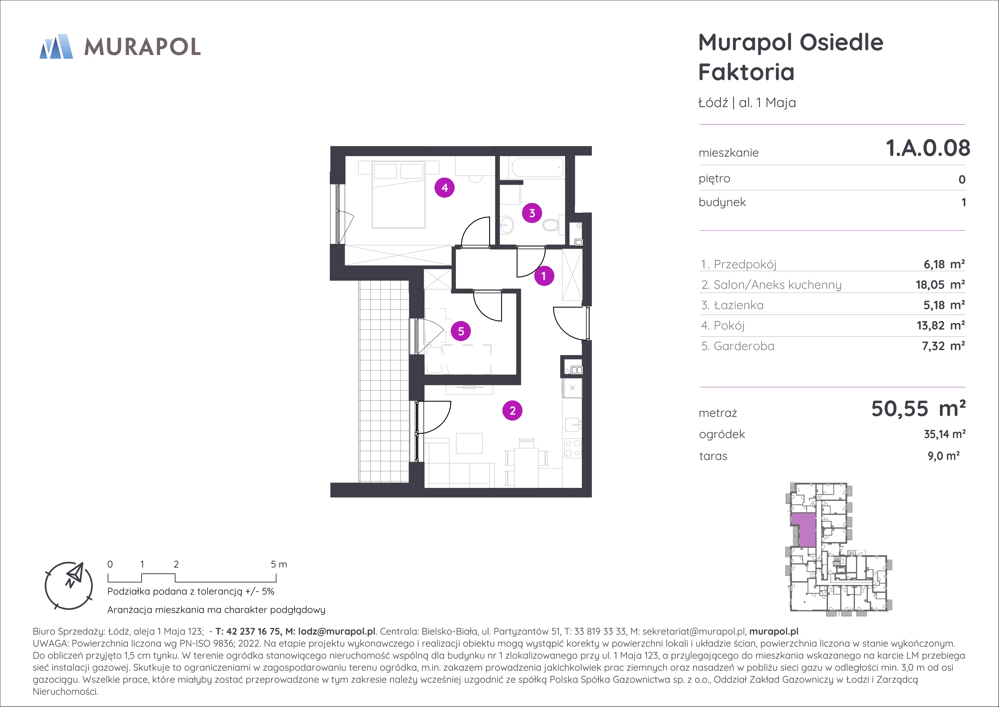 Mieszkanie 50,55 m², parter, oferta nr 1.A.0.08, Murapol Osiedle Faktoria, Łódź, Polesie, Stare Polesie, al. 1 Maja