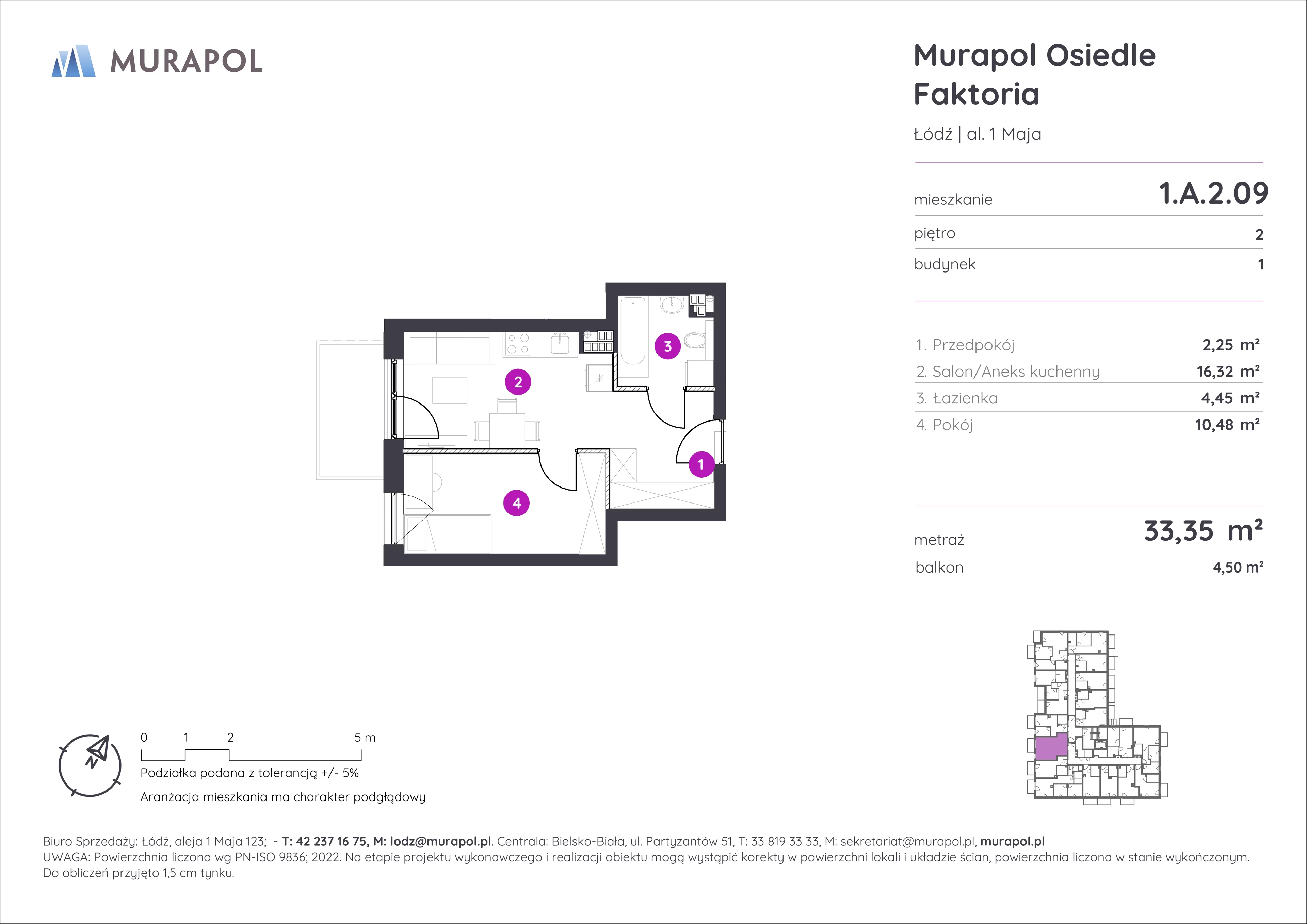 Mieszkanie 33,35 m², piętro 2, oferta nr 1.A.2.09, Murapol Osiedle Faktoria, Łódź, Polesie, Stare Polesie, al. 1 Maja