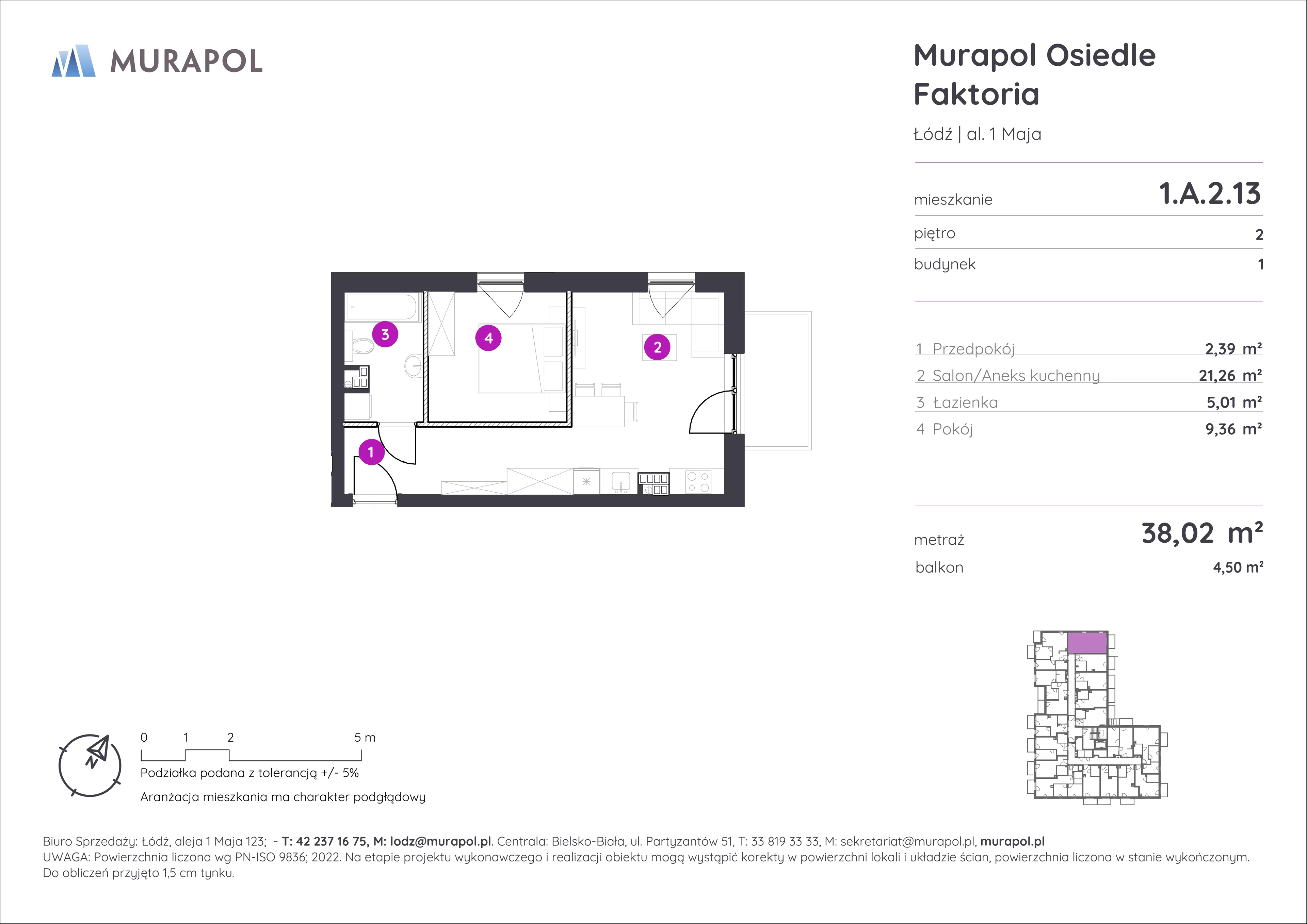 Mieszkanie 38,02 m², piętro 2, oferta nr 1.A.2.13, Murapol Osiedle Faktoria, Łódź, Polesie, Stare Polesie, al. 1 Maja