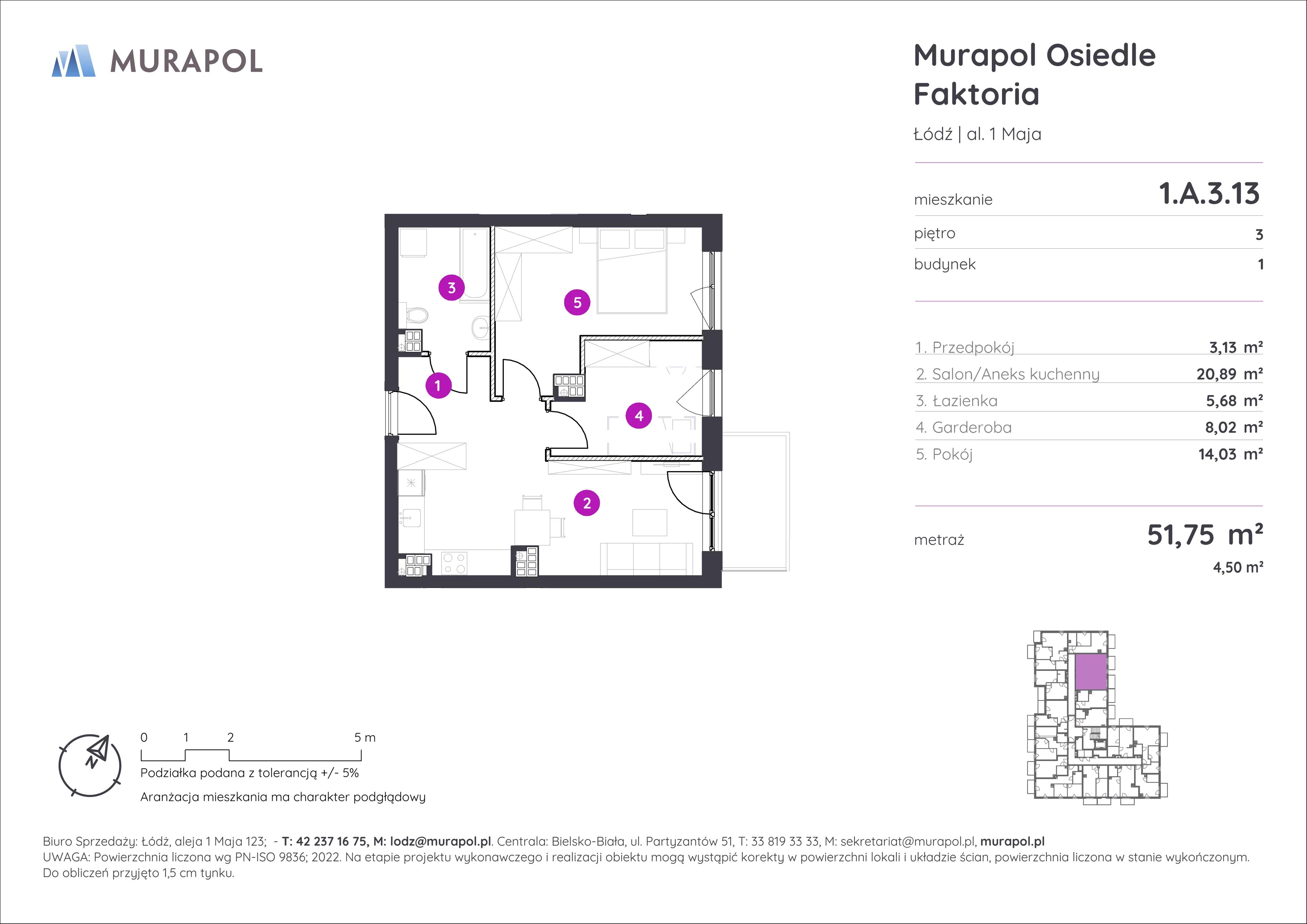 Mieszkanie 51,75 m², piętro 3, oferta nr 1.A.3.13, Murapol Osiedle Faktoria, Łódź, Polesie, Stare Polesie, al. 1 Maja