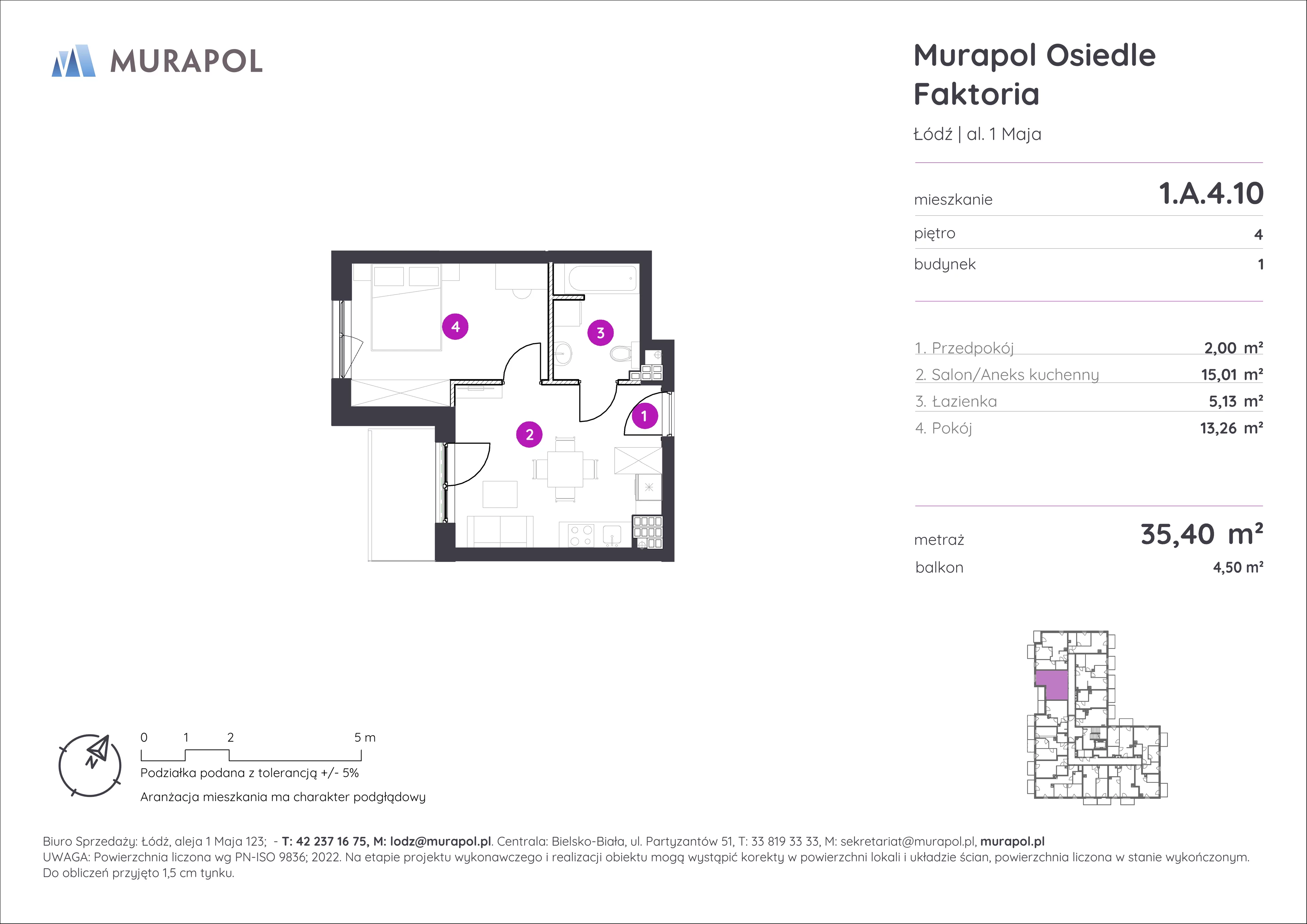 Mieszkanie 35,40 m², piętro 4, oferta nr 1.A.4.10, Murapol Osiedle Faktoria, Łódź, Polesie, Stare Polesie, al. 1 Maja