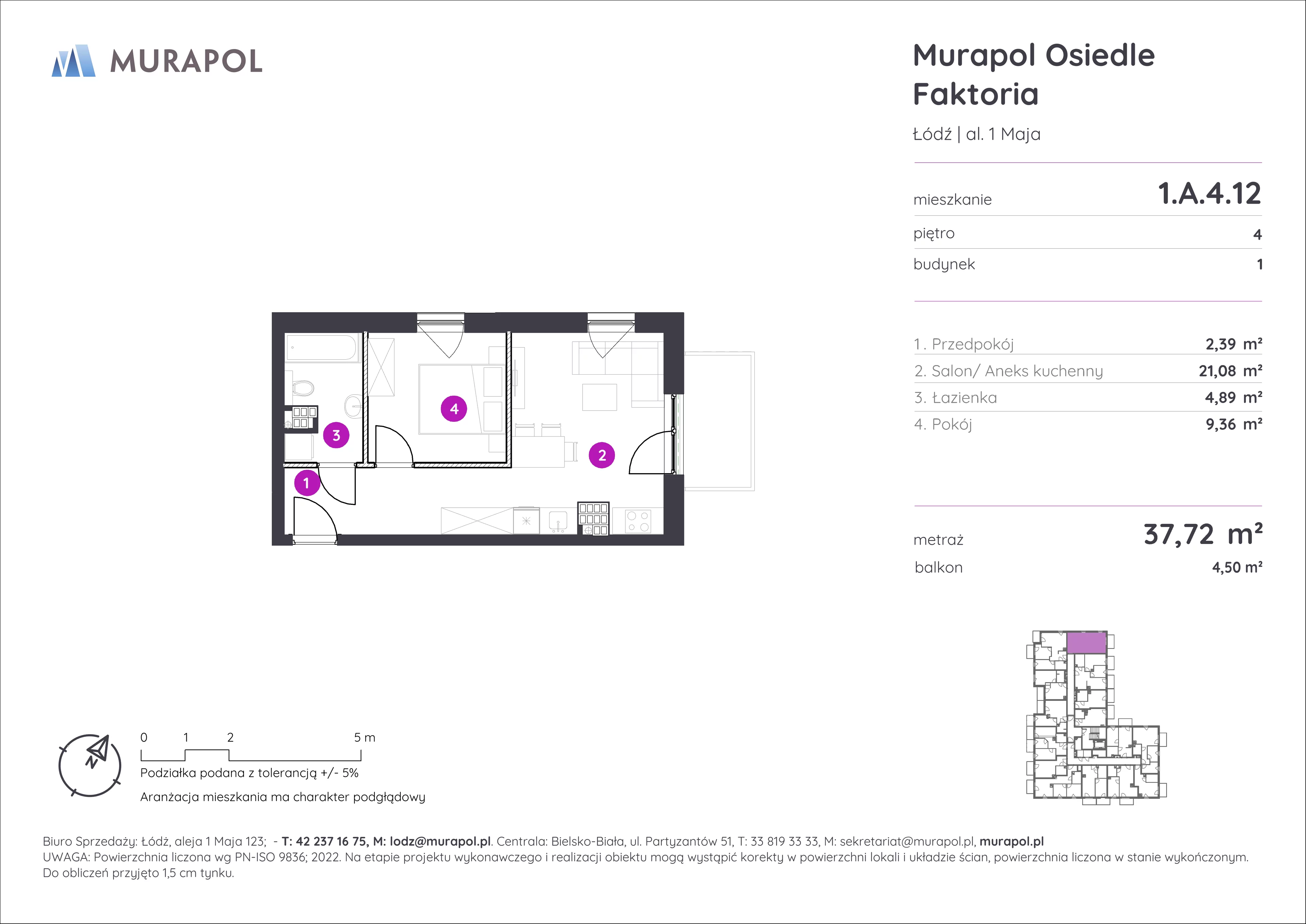 Mieszkanie 37,72 m², piętro 4, oferta nr 1.A.4.12, Murapol Osiedle Faktoria, Łódź, Polesie, Stare Polesie, al. 1 Maja