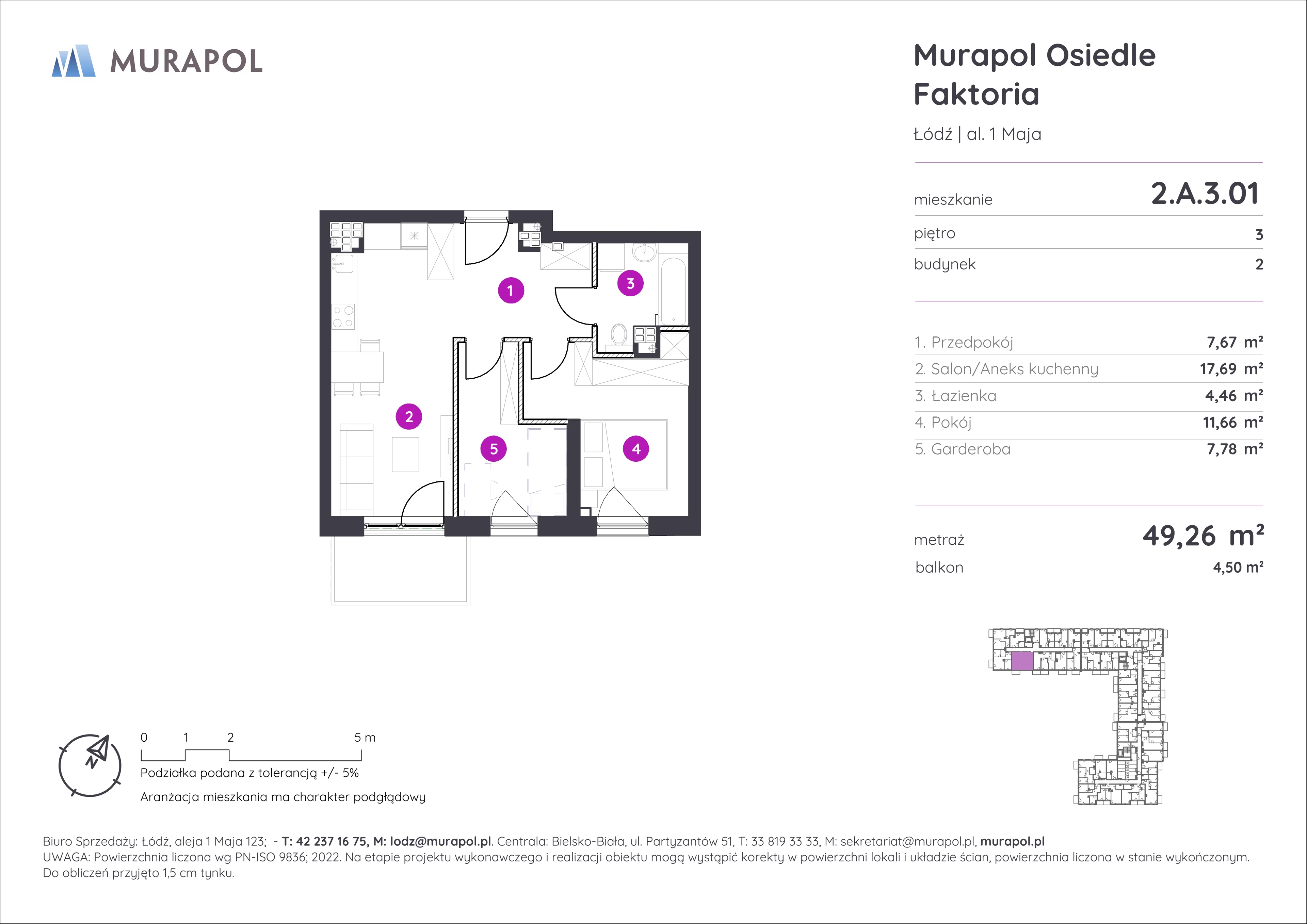 Mieszkanie 49,26 m², piętro 3, oferta nr 2.A.3.01, Murapol Osiedle Faktoria, Łódź, Polesie, Stare Polesie, al. 1 Maja