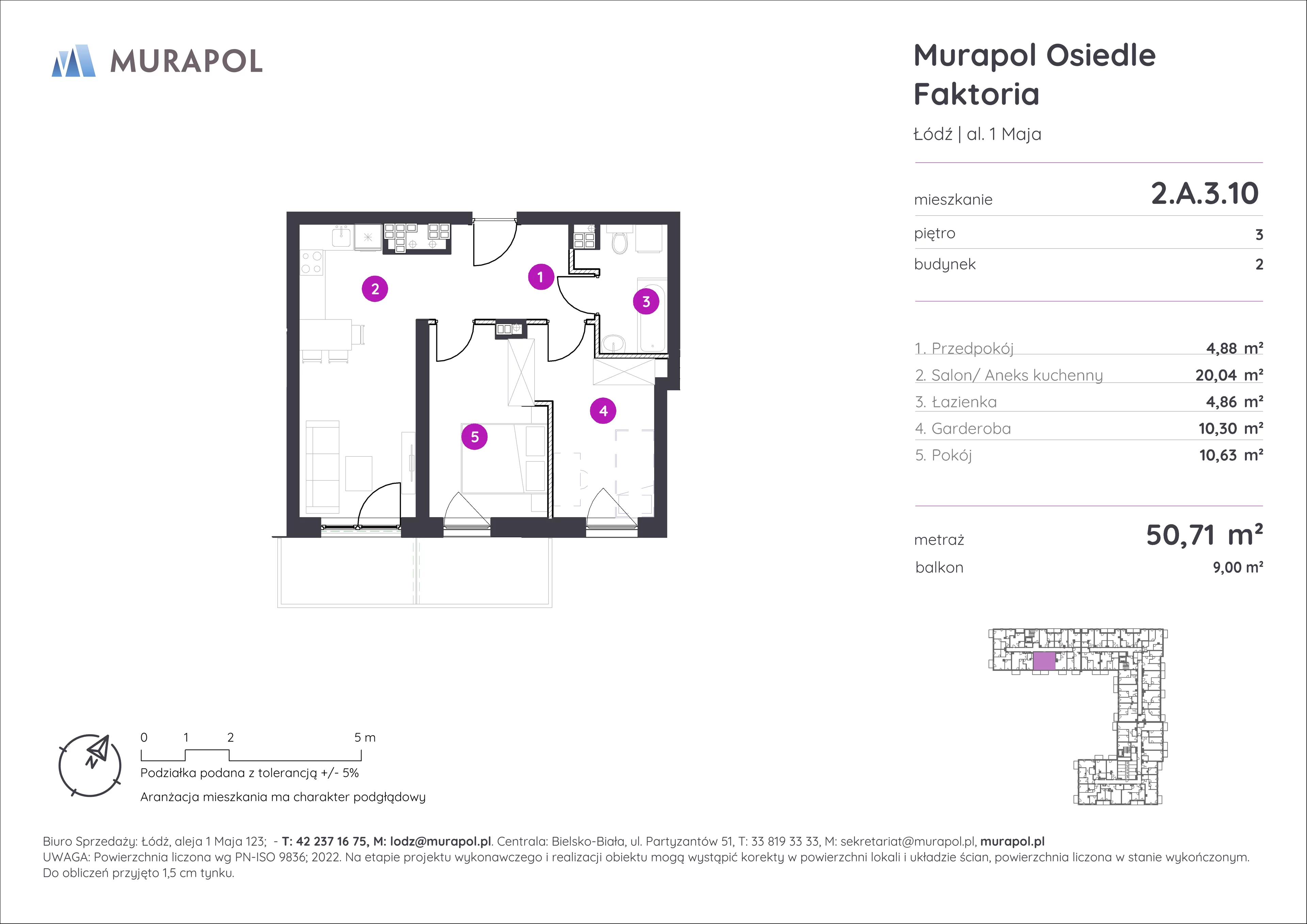 Mieszkanie 50,71 m², piętro 3, oferta nr 2.A.3.10, Murapol Osiedle Faktoria, Łódź, Polesie, Stare Polesie, al. 1 Maja