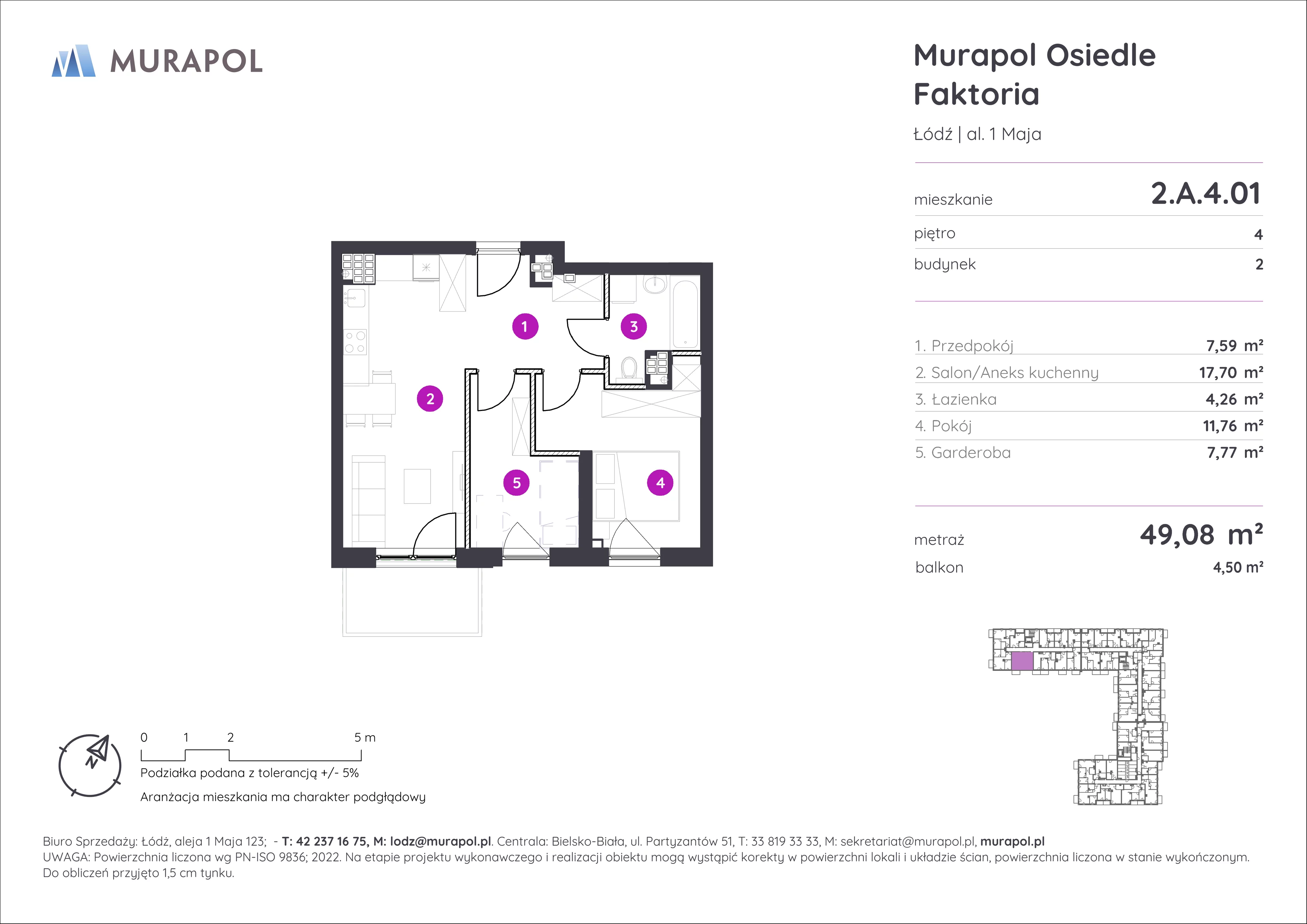 Mieszkanie 49,08 m², piętro 4, oferta nr 2.A.4.01, Murapol Osiedle Faktoria, Łódź, Polesie, Stare Polesie, al. 1 Maja