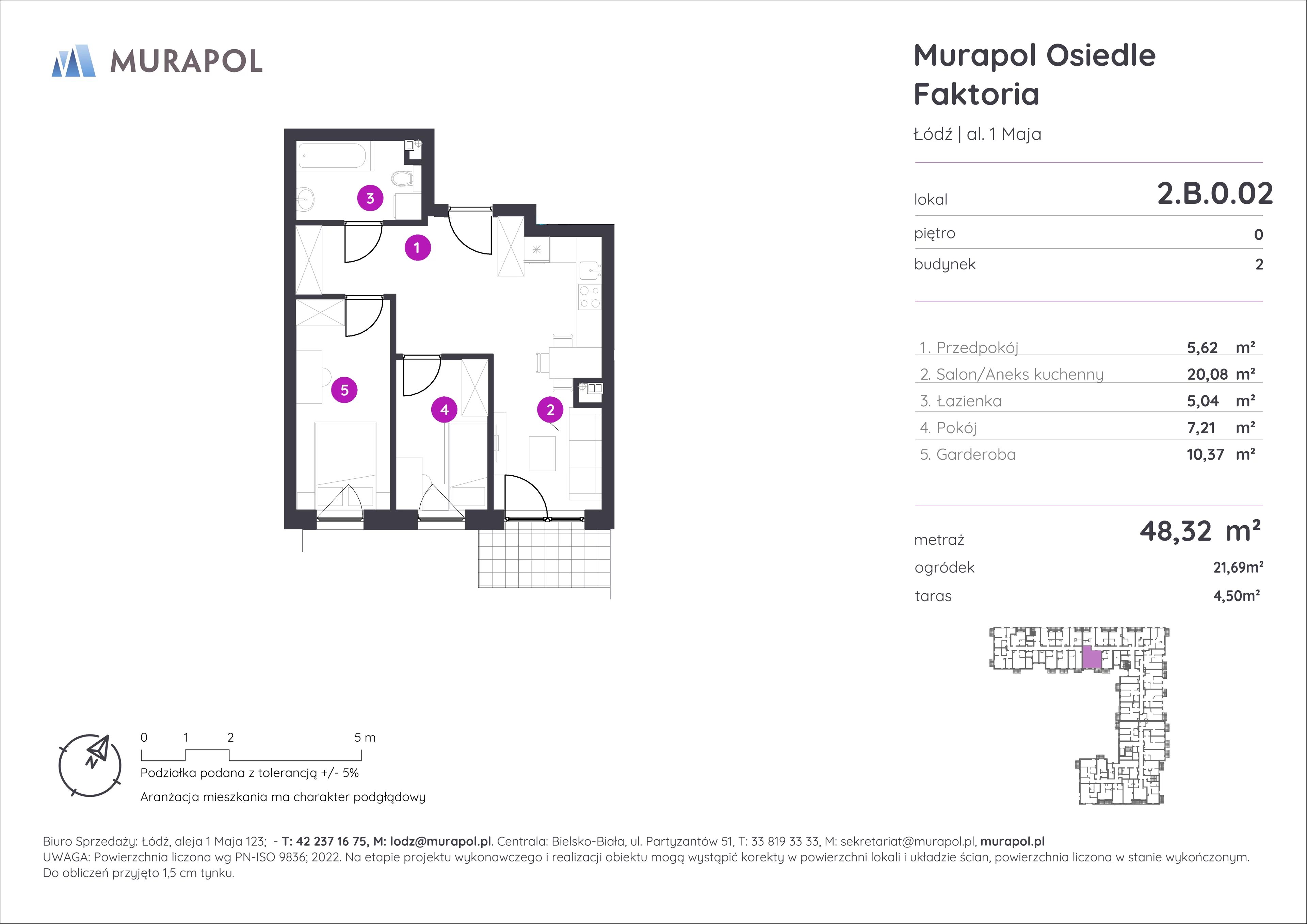 Mieszkanie 48,32 m², parter, oferta nr 2.B.0.02, Murapol Osiedle Faktoria, Łódź, Polesie, Stare Polesie, al. 1 Maja