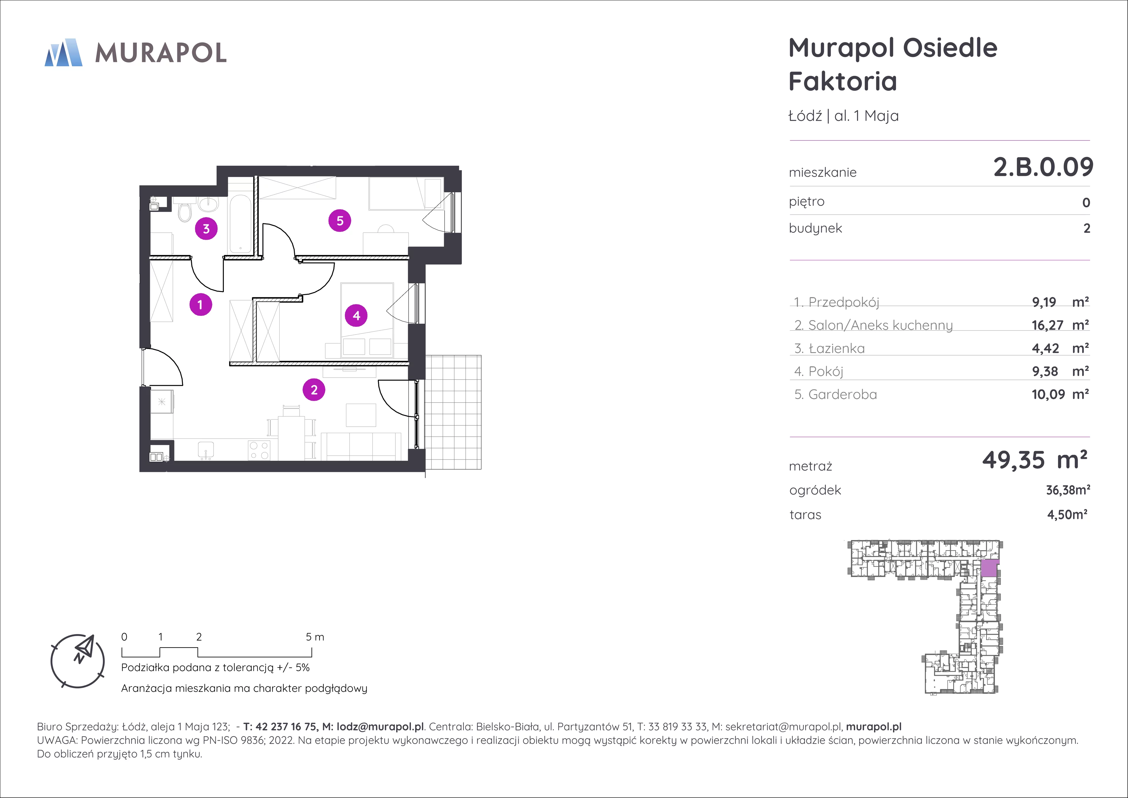 Mieszkanie 49,35 m², parter, oferta nr 2.B.0.09, Murapol Osiedle Faktoria, Łódź, Polesie, Stare Polesie, al. 1 Maja