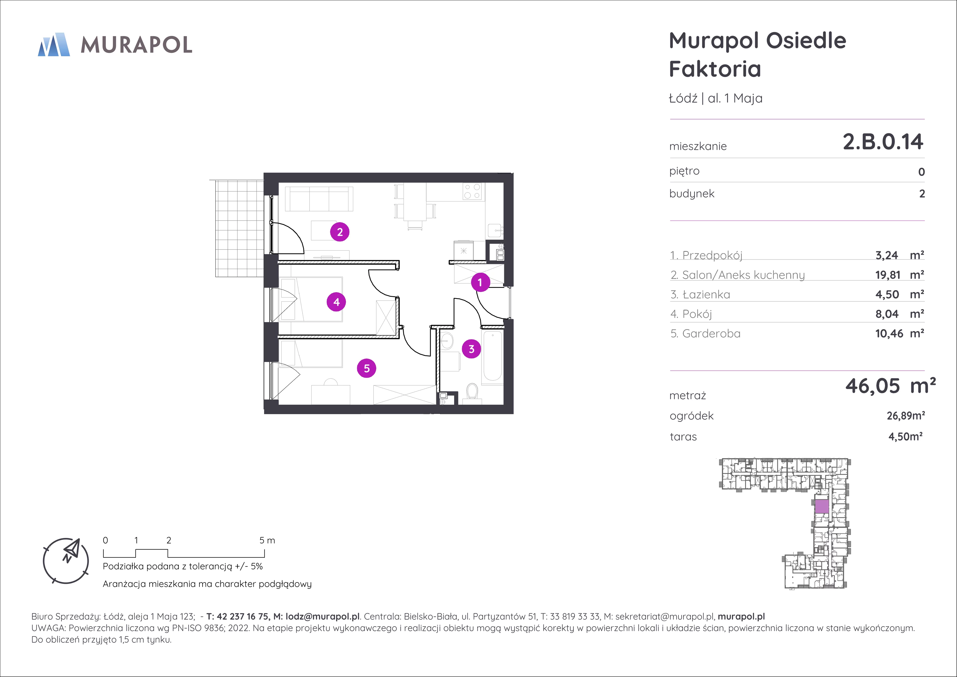 Mieszkanie 46,05 m², parter, oferta nr 2.B.0.14, Murapol Osiedle Faktoria, Łódź, Polesie, Stare Polesie, al. 1 Maja