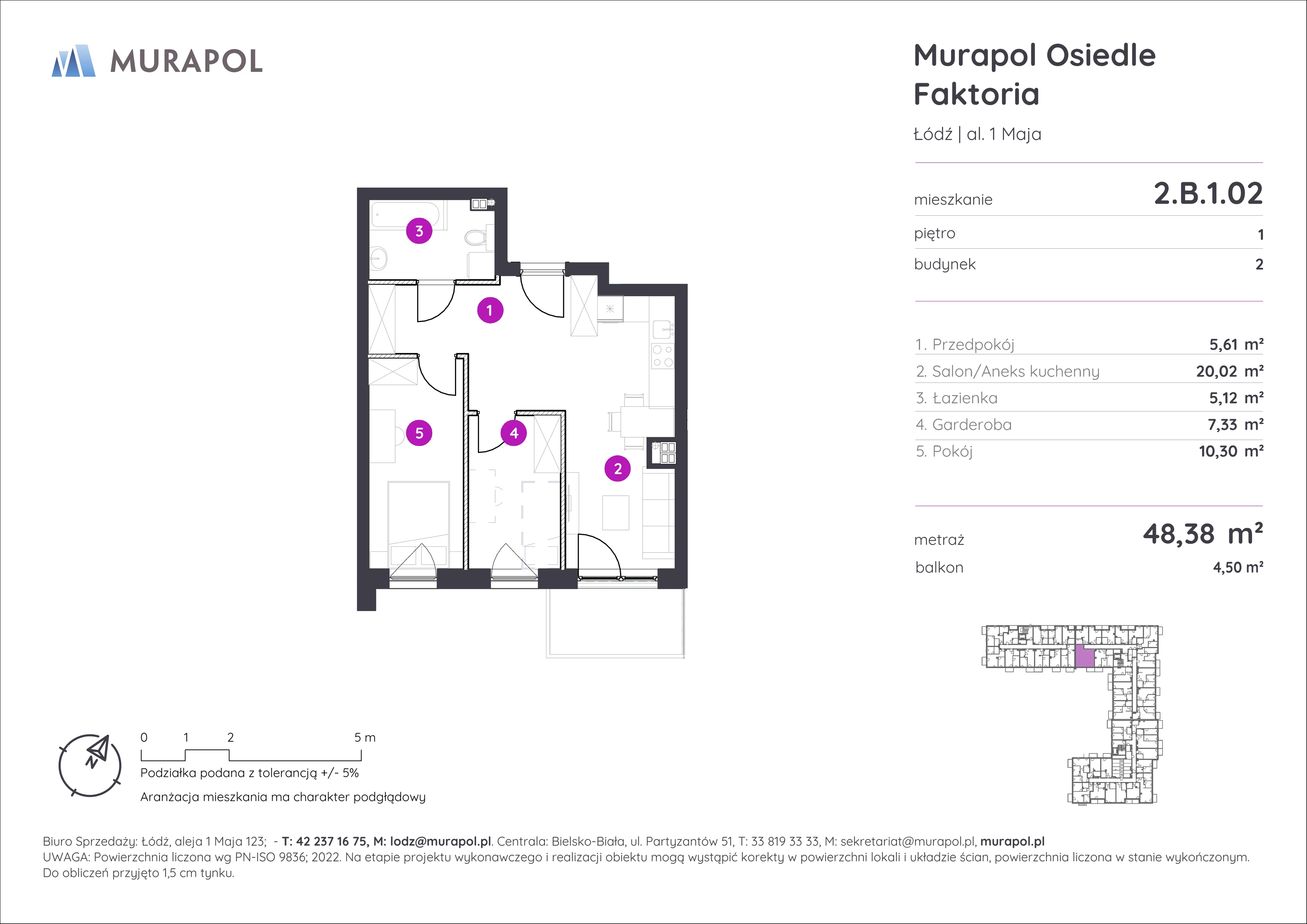 Mieszkanie 48,38 m², piętro 1, oferta nr 2.B.1.02, Murapol Osiedle Faktoria, Łódź, Polesie, Stare Polesie, al. 1 Maja