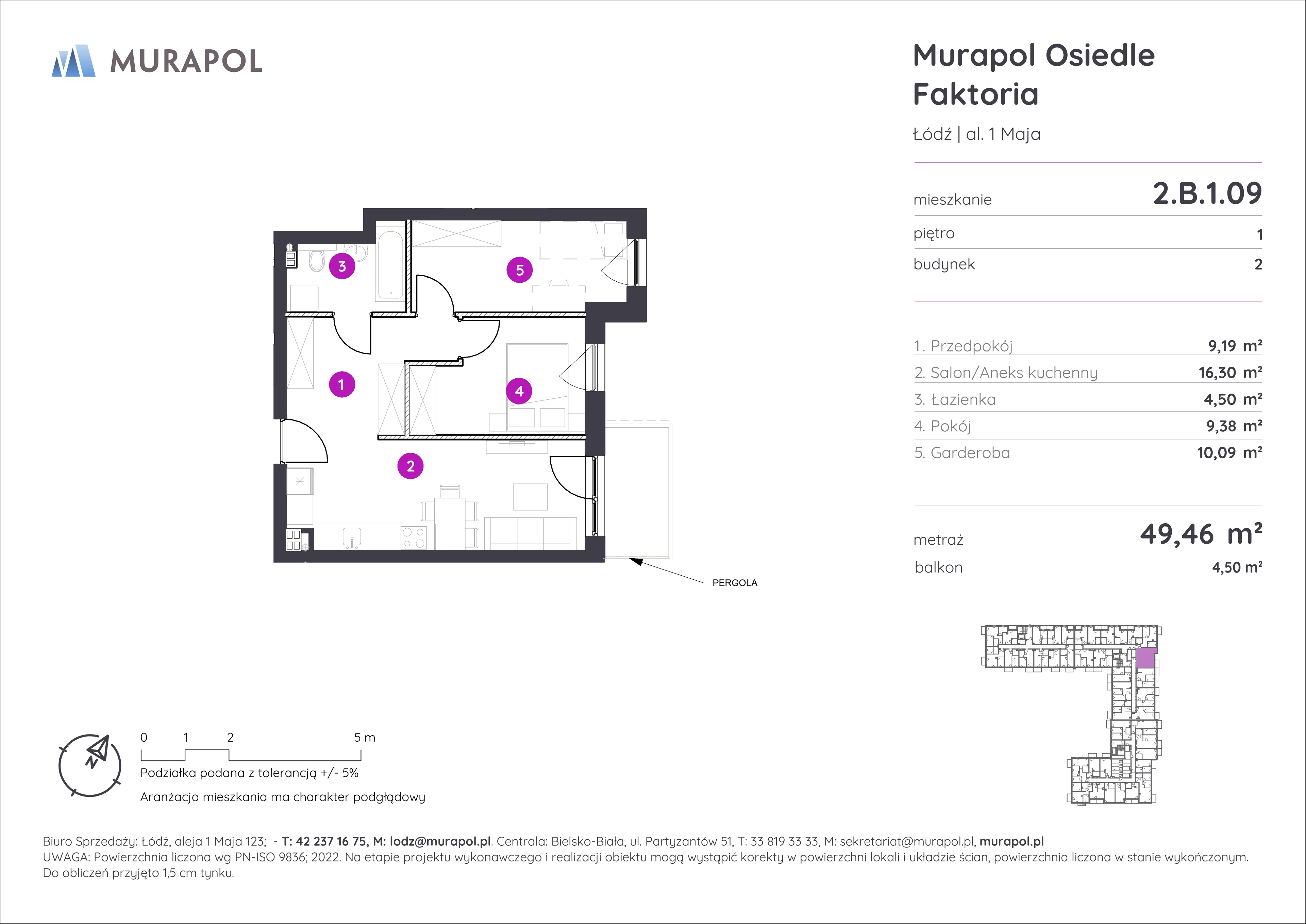 Mieszkanie 49,46 m², piętro 1, oferta nr 2.B.1.09, Murapol Osiedle Faktoria, Łódź, Polesie, Stare Polesie, al. 1 Maja