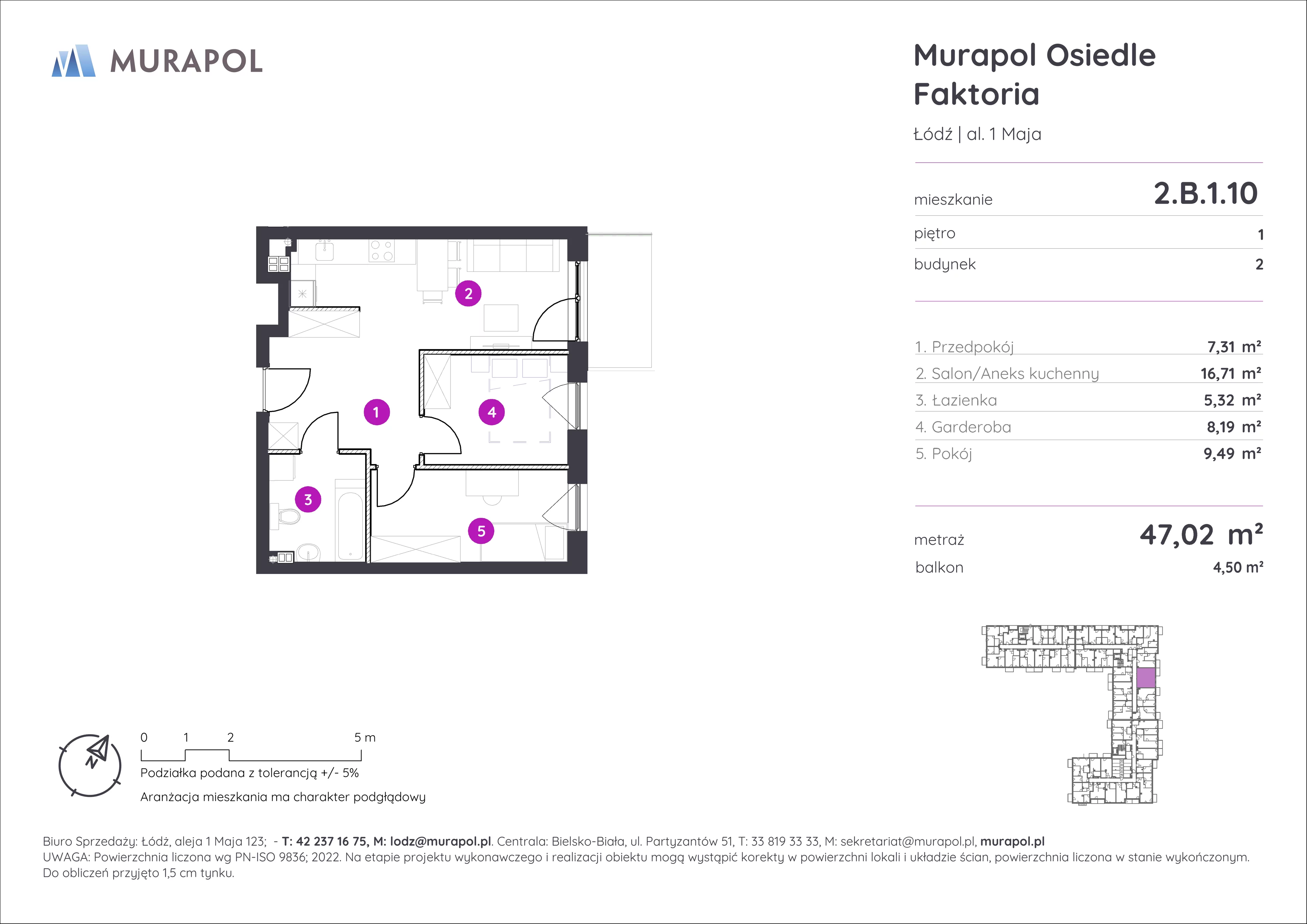 Mieszkanie 47,02 m², piętro 1, oferta nr 2.B.1.10, Murapol Osiedle Faktoria, Łódź, Polesie, Stare Polesie, al. 1 Maja