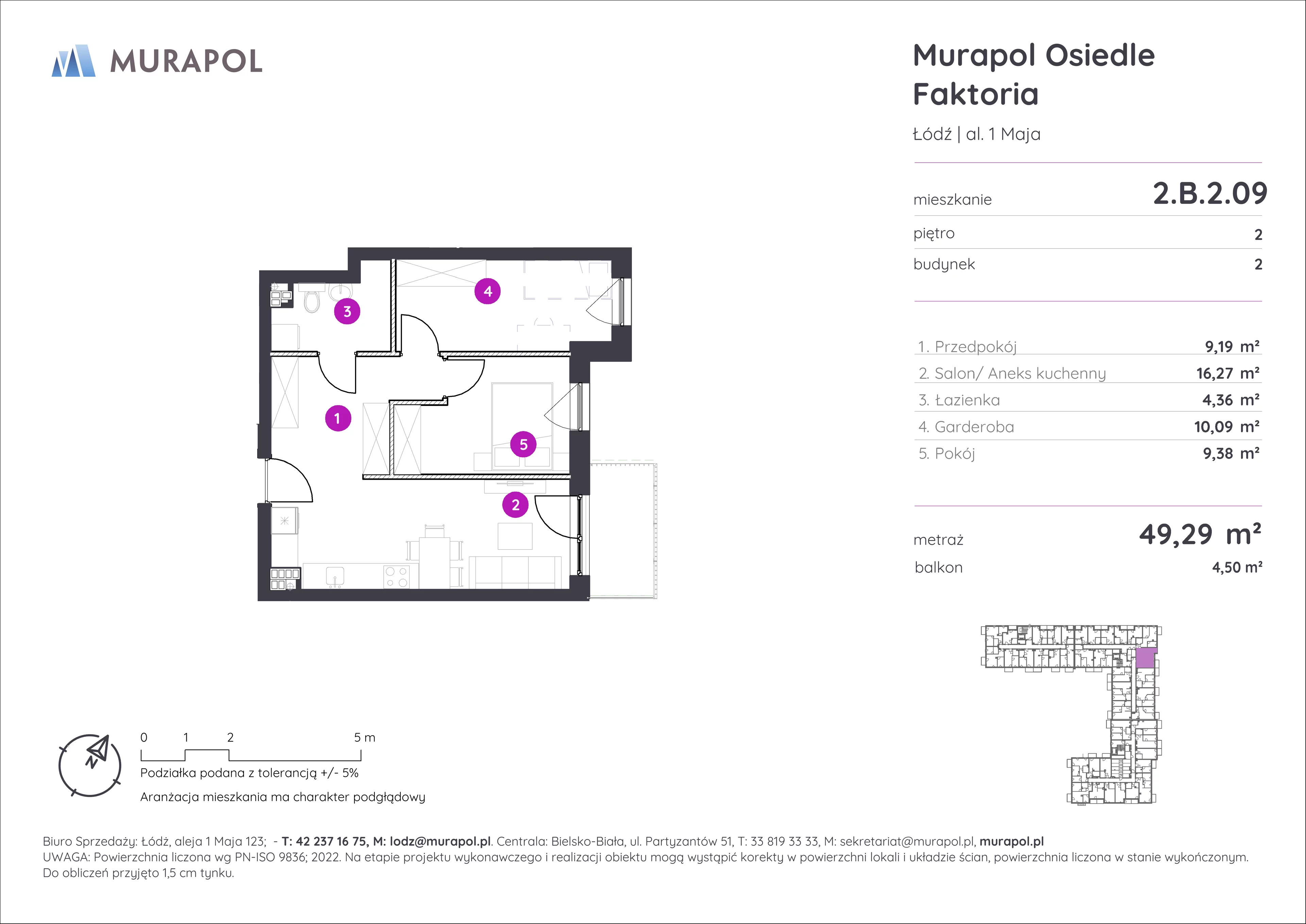 Mieszkanie 49,29 m², piętro 2, oferta nr 2.B.2.09, Murapol Osiedle Faktoria, Łódź, Polesie, Stare Polesie, al. 1 Maja