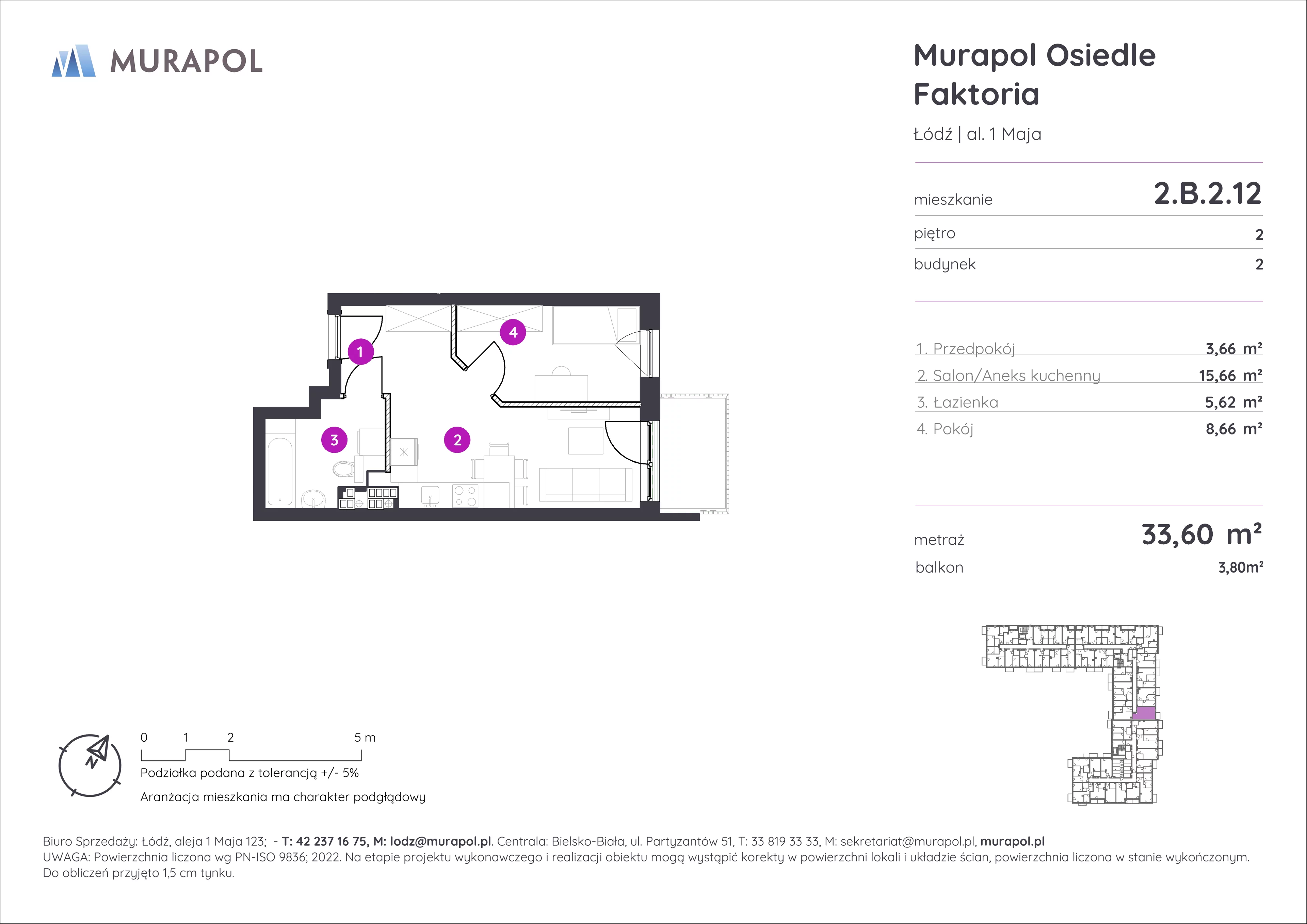 Mieszkanie 33,60 m², piętro 2, oferta nr 2.B.2.12, Murapol Osiedle Faktoria, Łódź, Polesie, Stare Polesie, al. 1 Maja