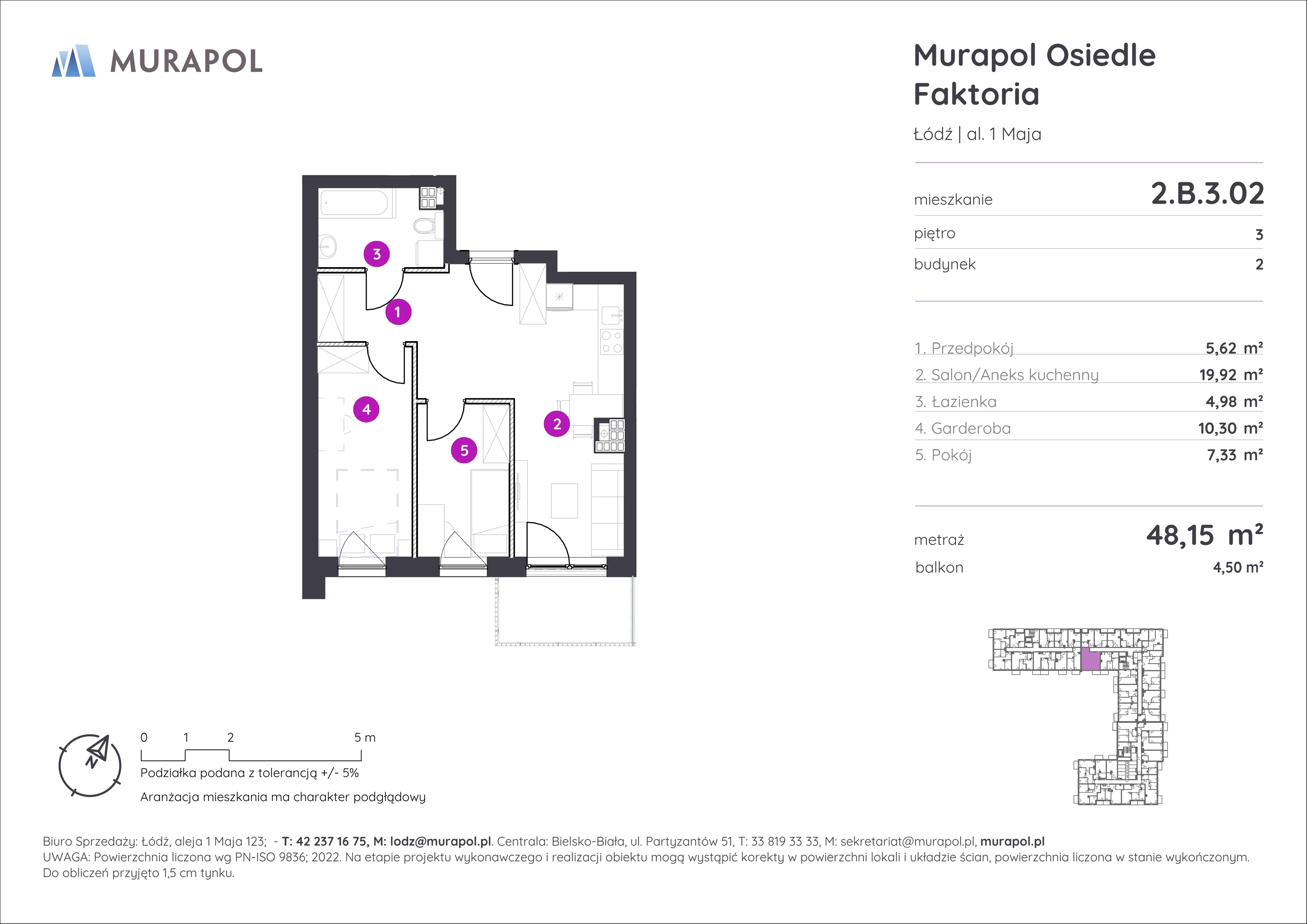 Mieszkanie 48,15 m², piętro 3, oferta nr 2.B.3.02, Murapol Osiedle Faktoria, Łódź, Polesie, Stare Polesie, al. 1 Maja