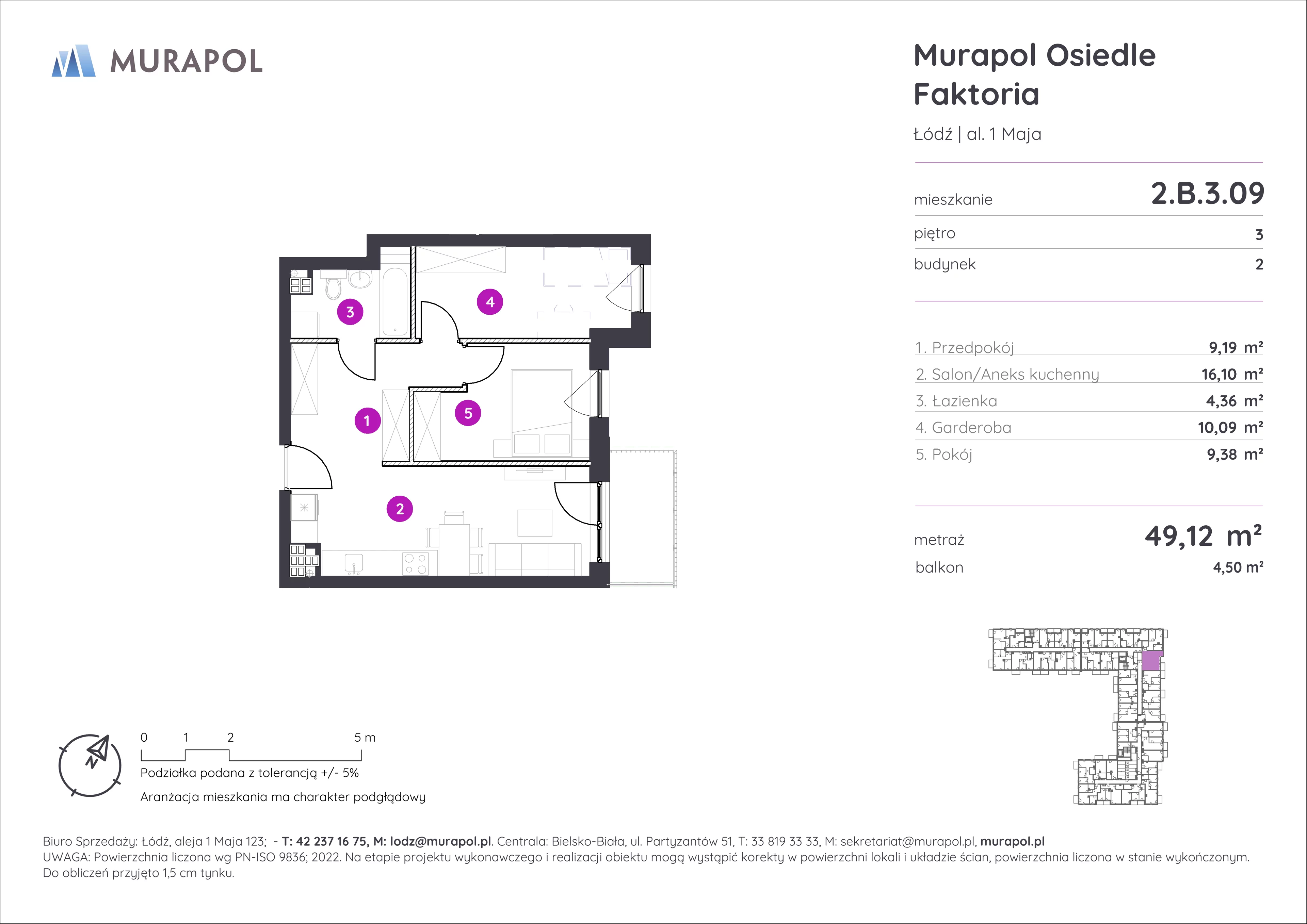 Mieszkanie 49,12 m², piętro 3, oferta nr 2.B.3.09, Murapol Osiedle Faktoria, Łódź, Polesie, Stare Polesie, al. 1 Maja