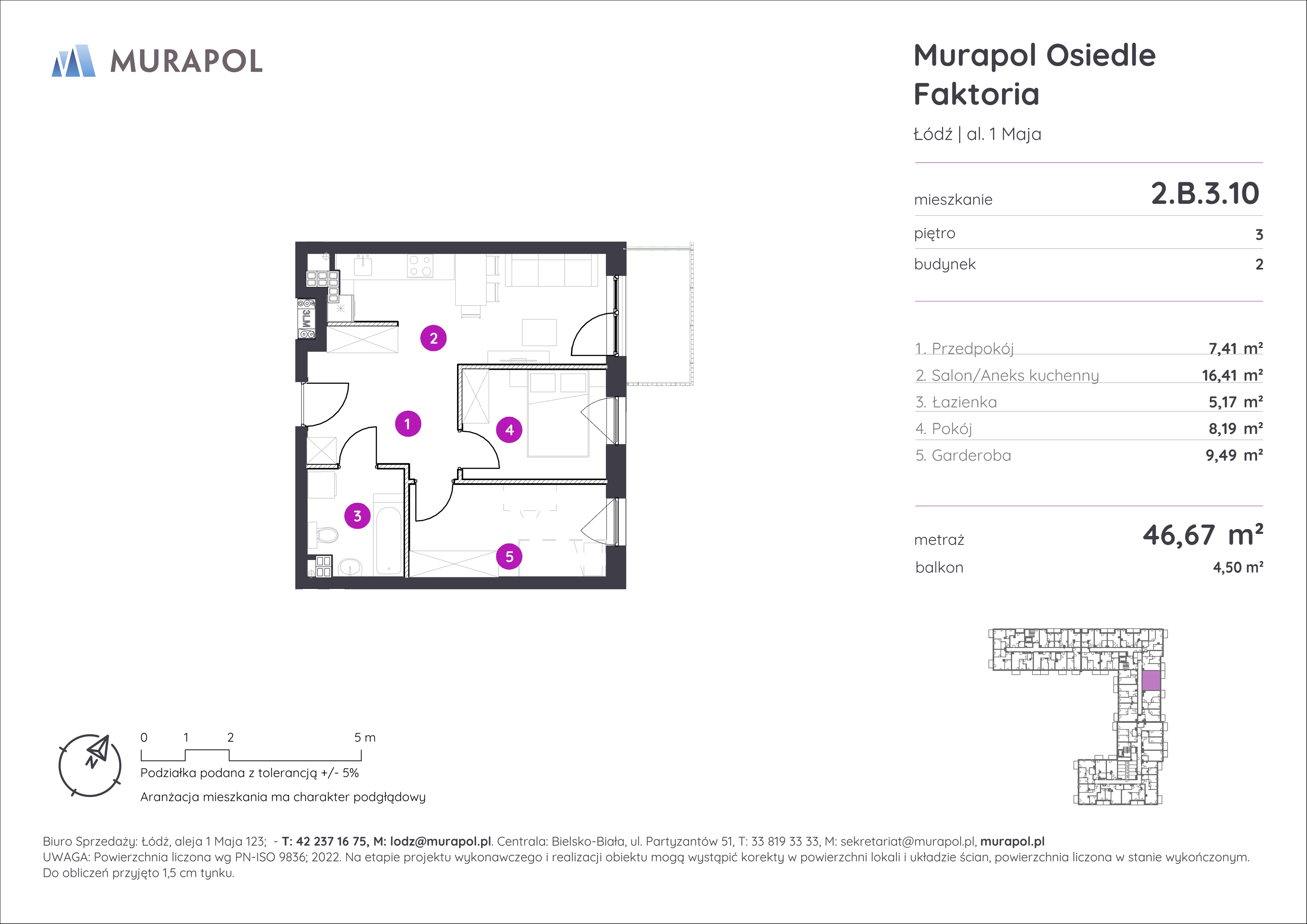 Mieszkanie 46,67 m², piętro 3, oferta nr 2.B.3.10, Murapol Osiedle Faktoria, Łódź, Polesie, Stare Polesie, al. 1 Maja