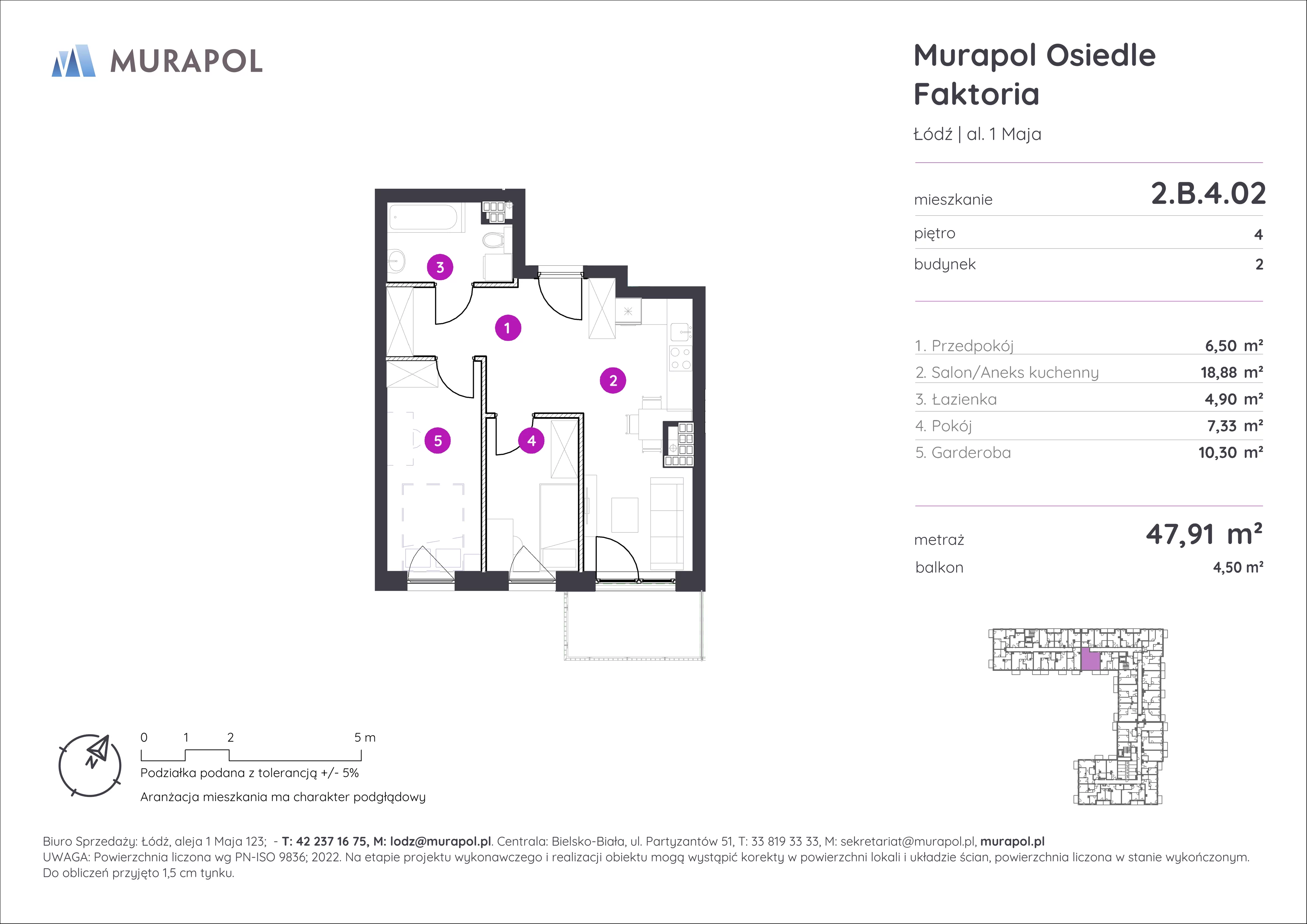 Mieszkanie 47,91 m², piętro 4, oferta nr 2.B.4.02, Murapol Osiedle Faktoria, Łódź, Polesie, Stare Polesie, al. 1 Maja