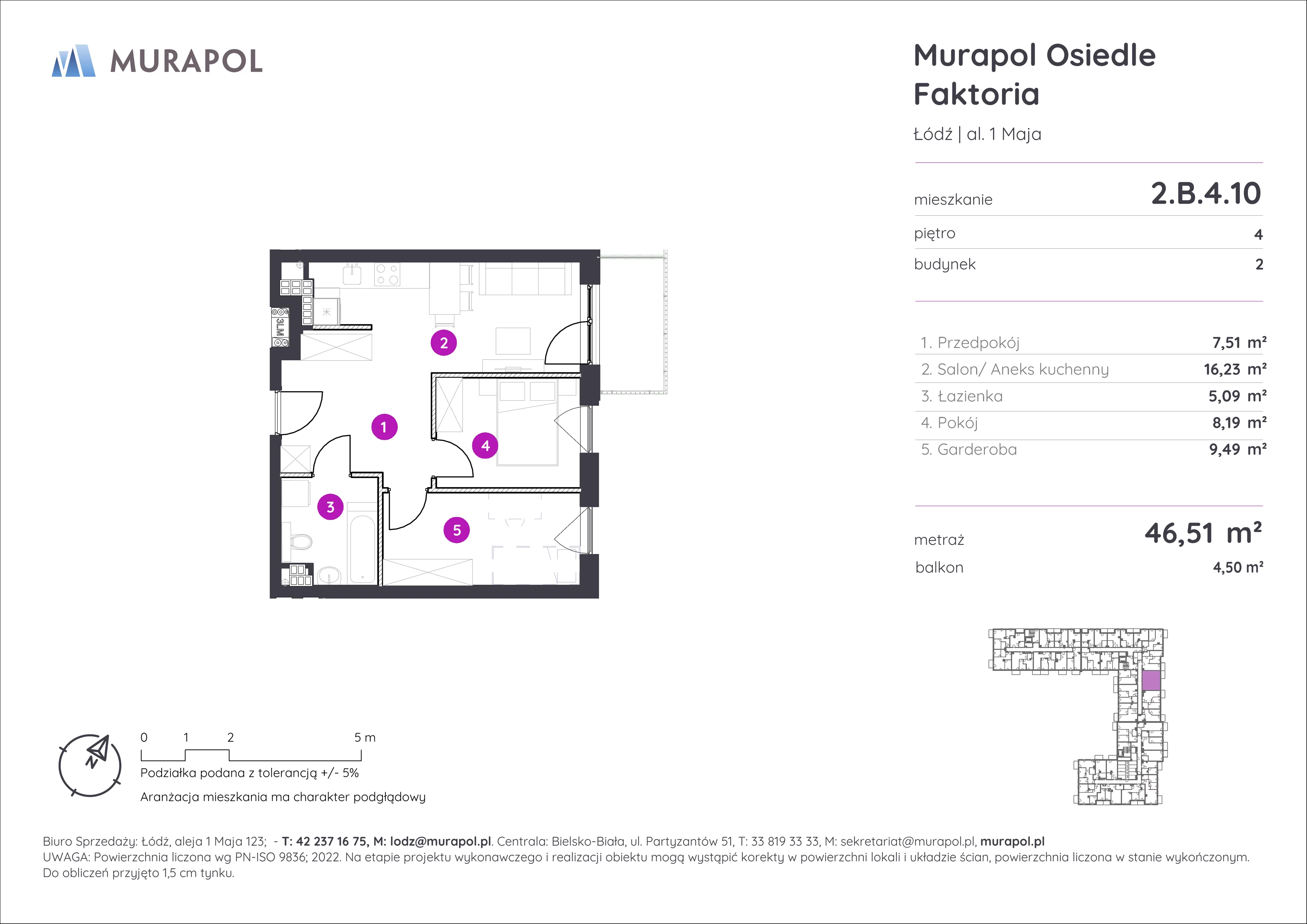 Mieszkanie 46,51 m², piętro 4, oferta nr 2.B.4.10, Murapol Osiedle Faktoria, Łódź, Polesie, Stare Polesie, al. 1 Maja