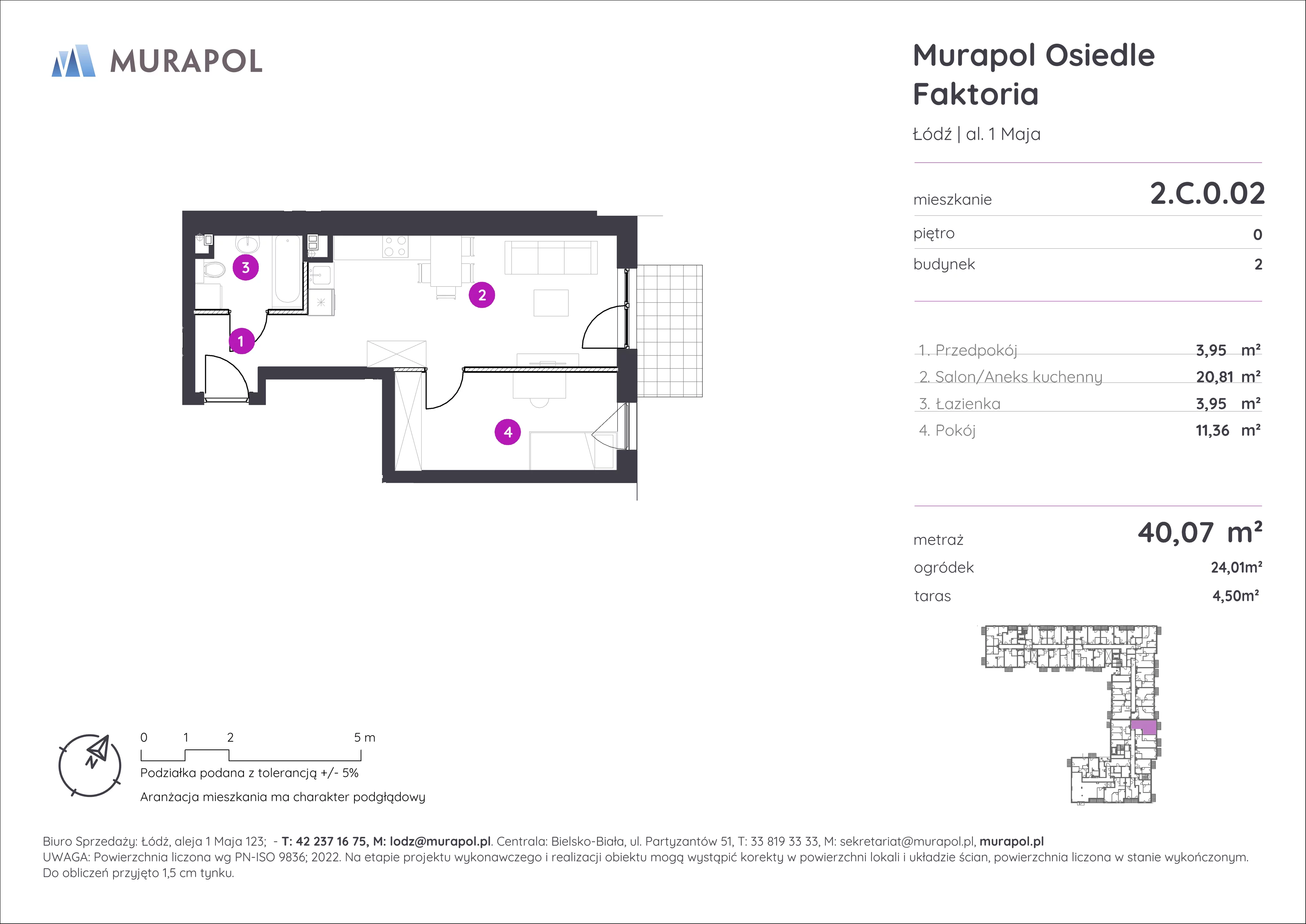 Mieszkanie 40,07 m², parter, oferta nr 2.C.0.02, Murapol Osiedle Faktoria, Łódź, Polesie, Stare Polesie, al. 1 Maja-idx