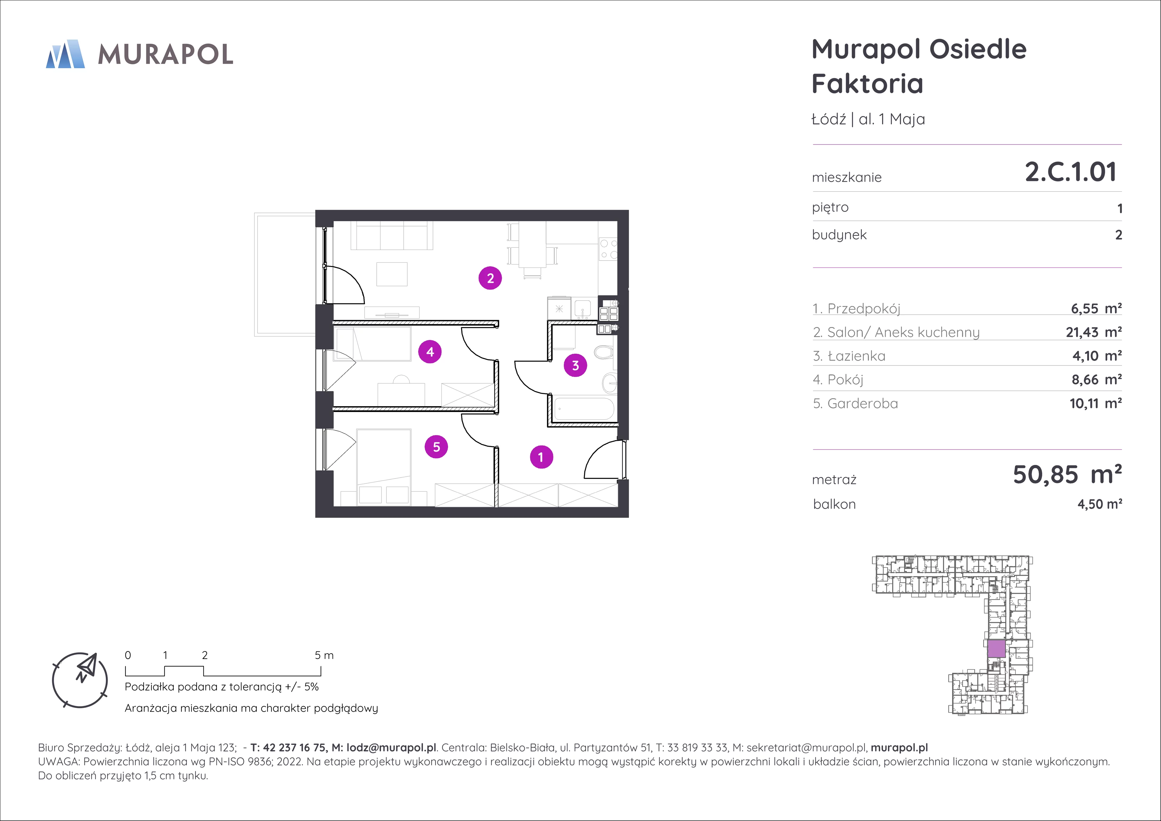 Mieszkanie 50,85 m², piętro 1, oferta nr 2.C.1.01, Murapol Osiedle Faktoria, Łódź, Polesie, Stare Polesie, al. 1 Maja