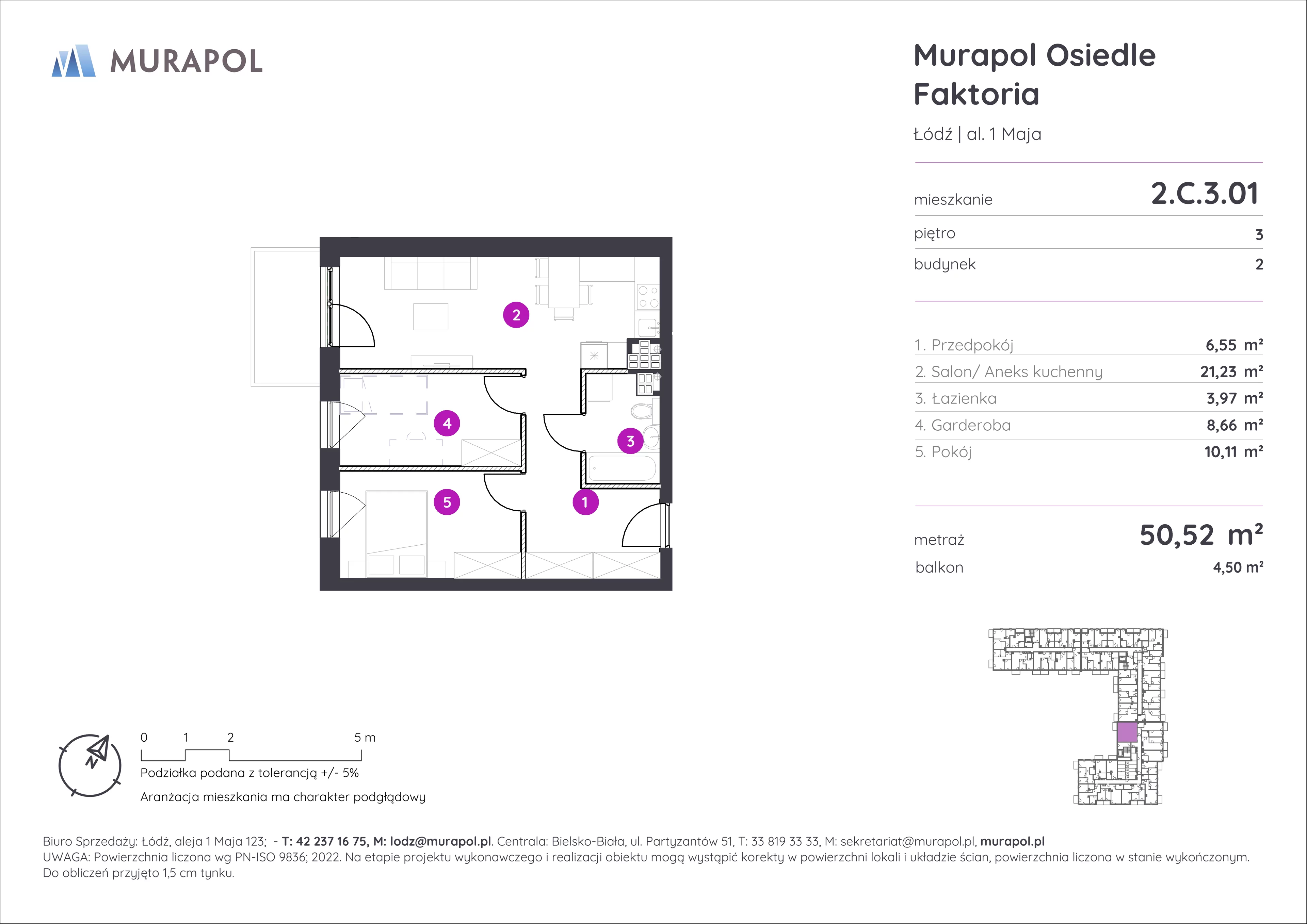 Mieszkanie 50,52 m², piętro 3, oferta nr 2.C.3.01, Murapol Osiedle Faktoria, Łódź, Polesie, Stare Polesie, al. 1 Maja