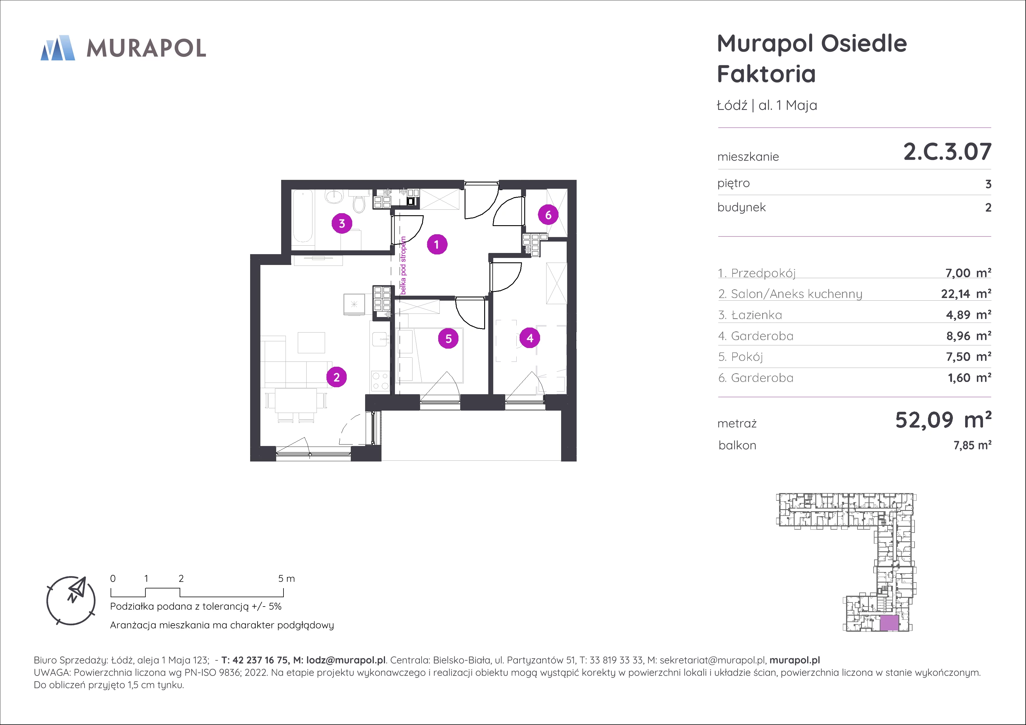 Mieszkanie 52,09 m², piętro 3, oferta nr 2.C.3.07, Murapol Osiedle Faktoria, Łódź, Polesie, Stare Polesie, al. 1 Maja