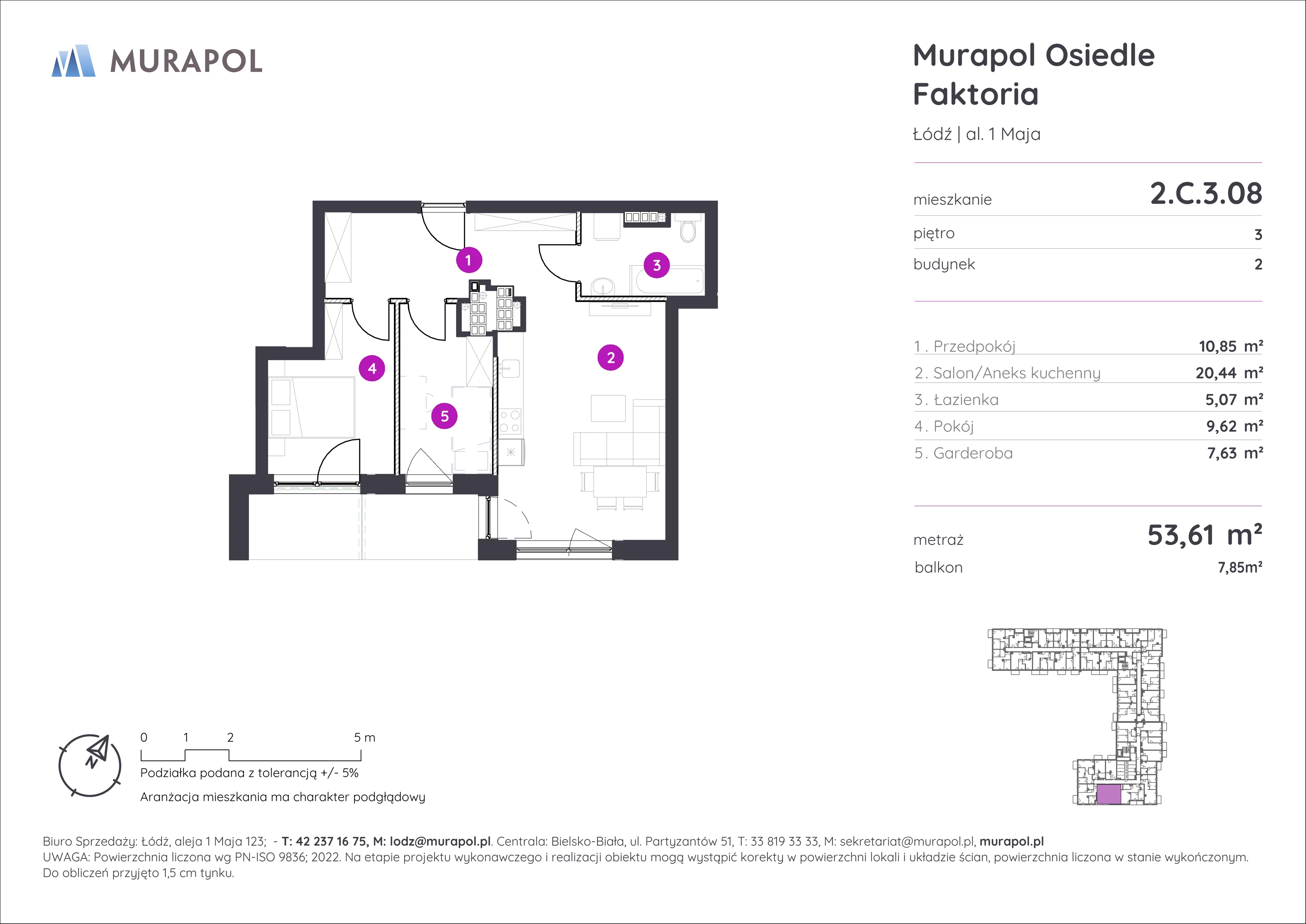 Mieszkanie 53,61 m², piętro 3, oferta nr 2.C.3.08, Murapol Osiedle Faktoria, Łódź, Polesie, Stare Polesie, al. 1 Maja