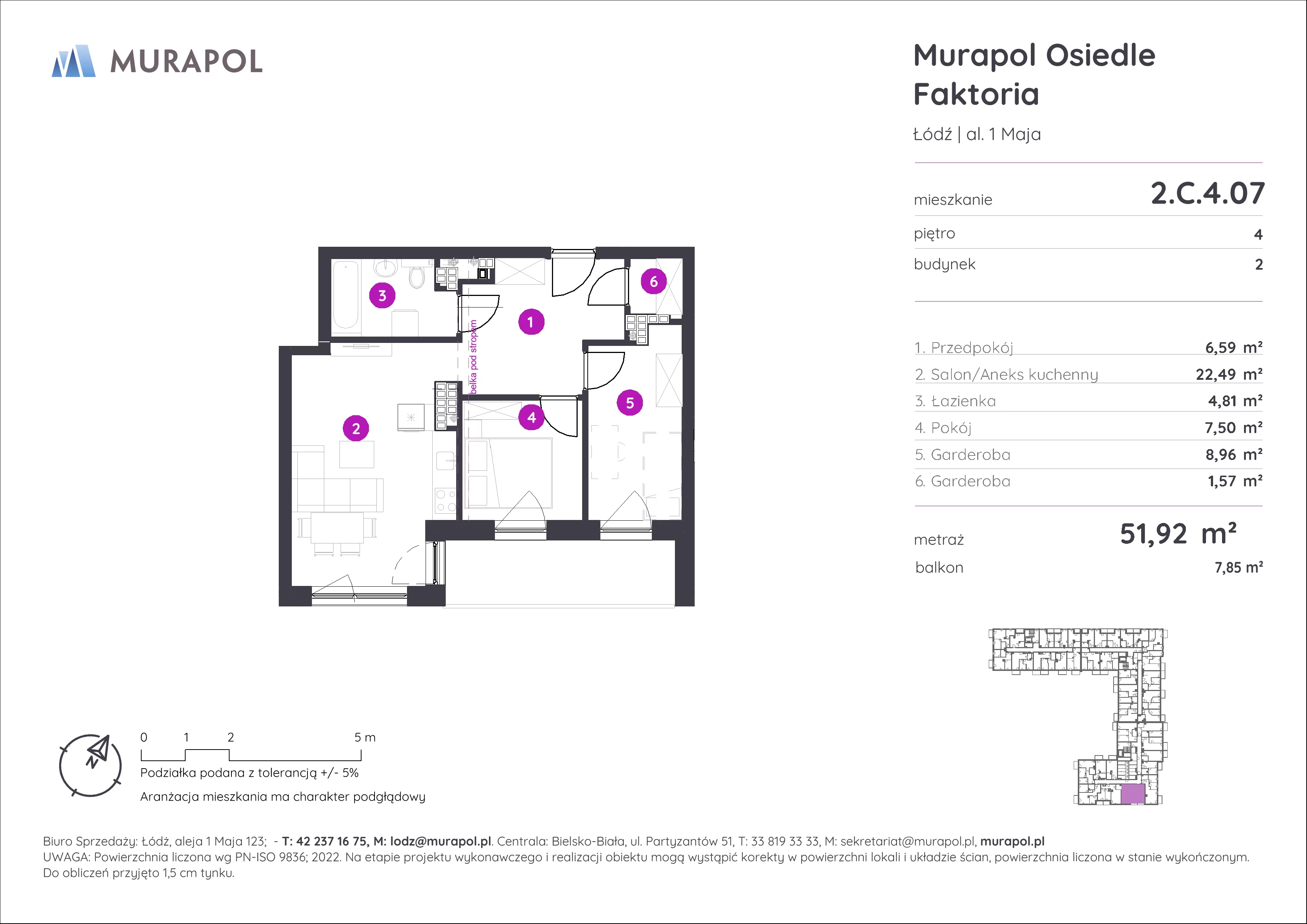 Mieszkanie 51,92 m², piętro 4, oferta nr 2.C.4.07, Murapol Osiedle Faktoria, Łódź, Polesie, Stare Polesie, al. 1 Maja-idx