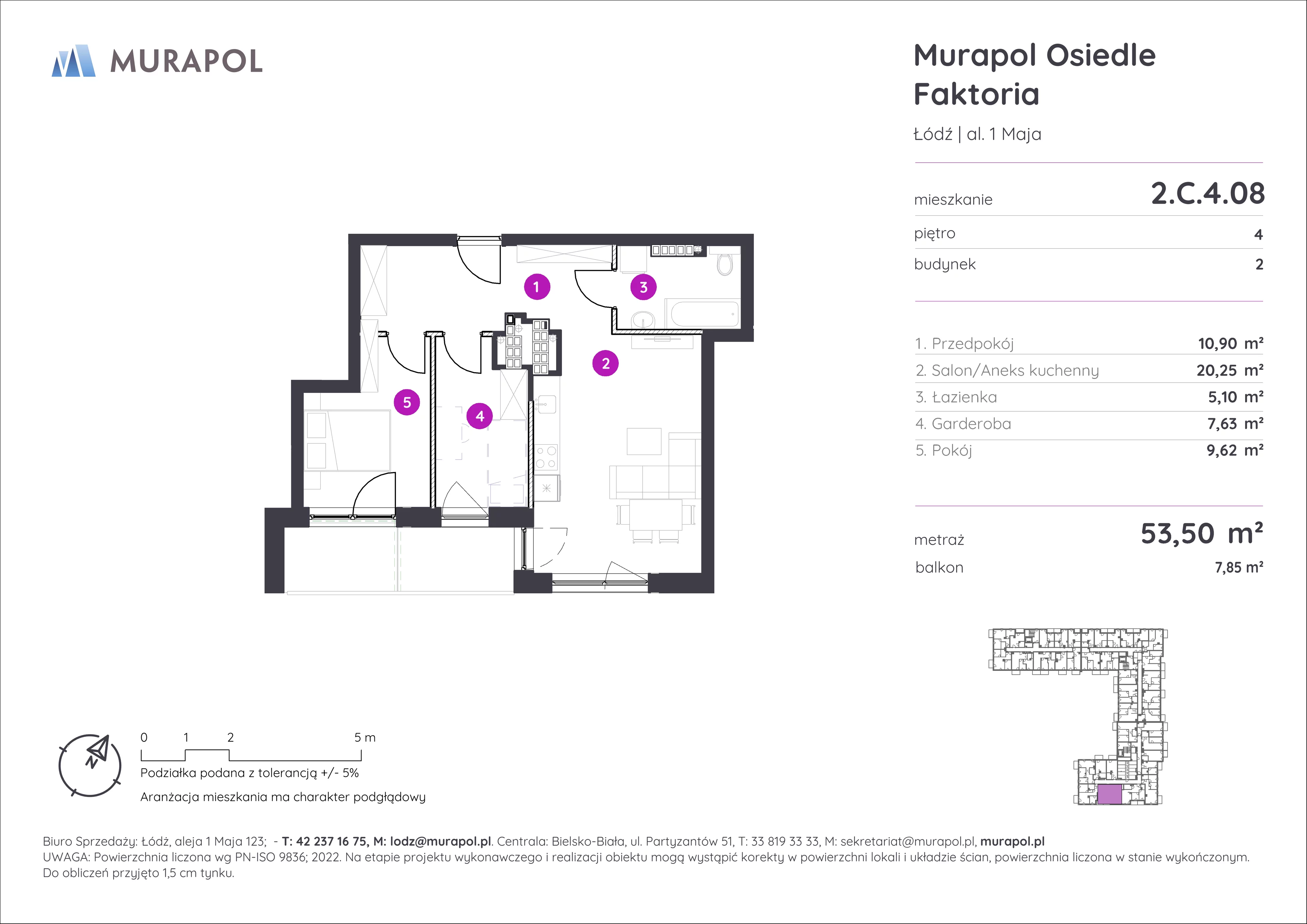 Mieszkanie 53,50 m², piętro 4, oferta nr 2.C.4.08, Murapol Osiedle Faktoria, Łódź, Polesie, Stare Polesie, al. 1 Maja
