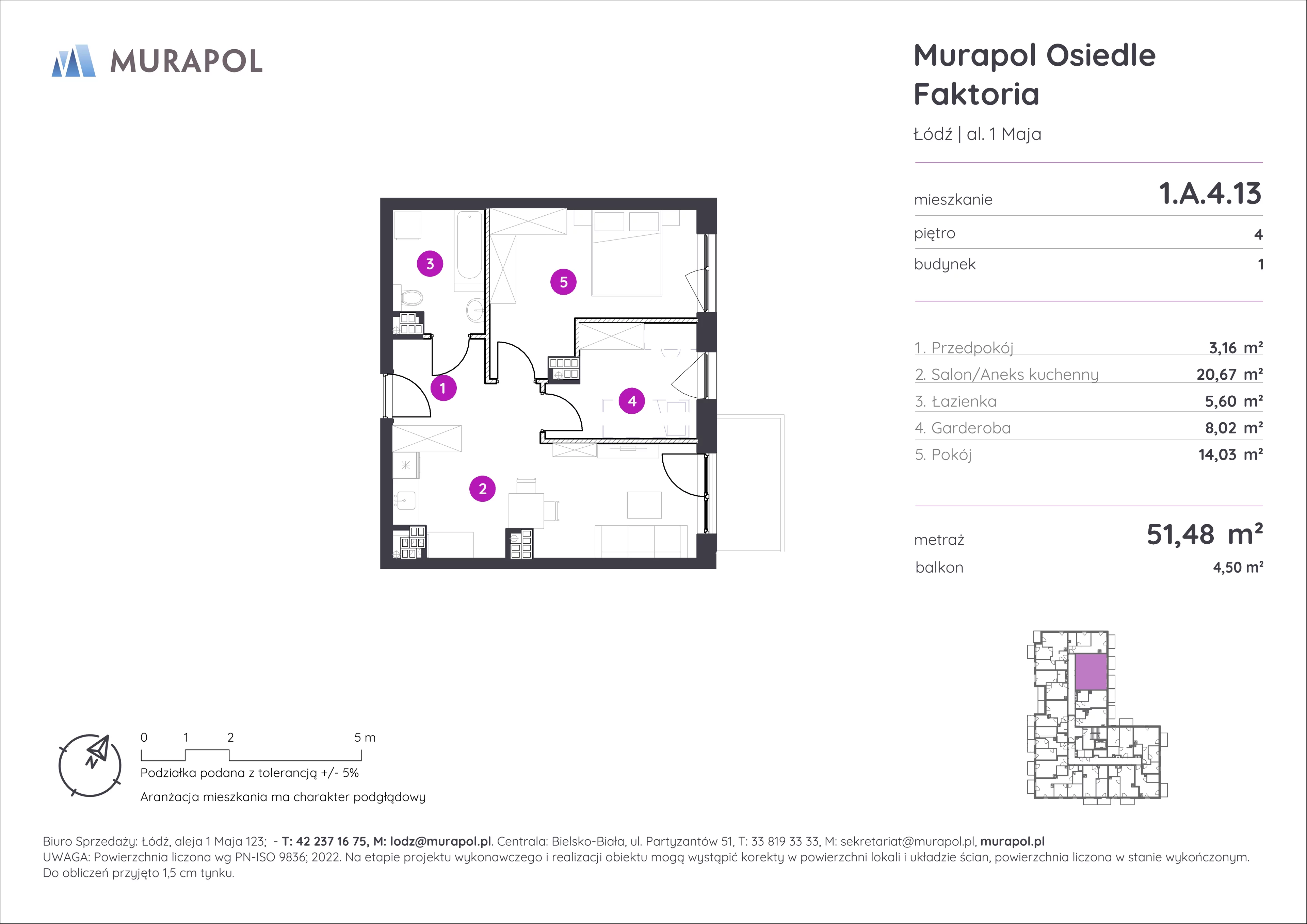 2 pokoje, mieszkanie 51,48 m², piętro 4, oferta nr 1.A.4.13, Murapol Osiedle Faktoria, Łódź, Polesie, Stare Polesie, al. 1 Maja