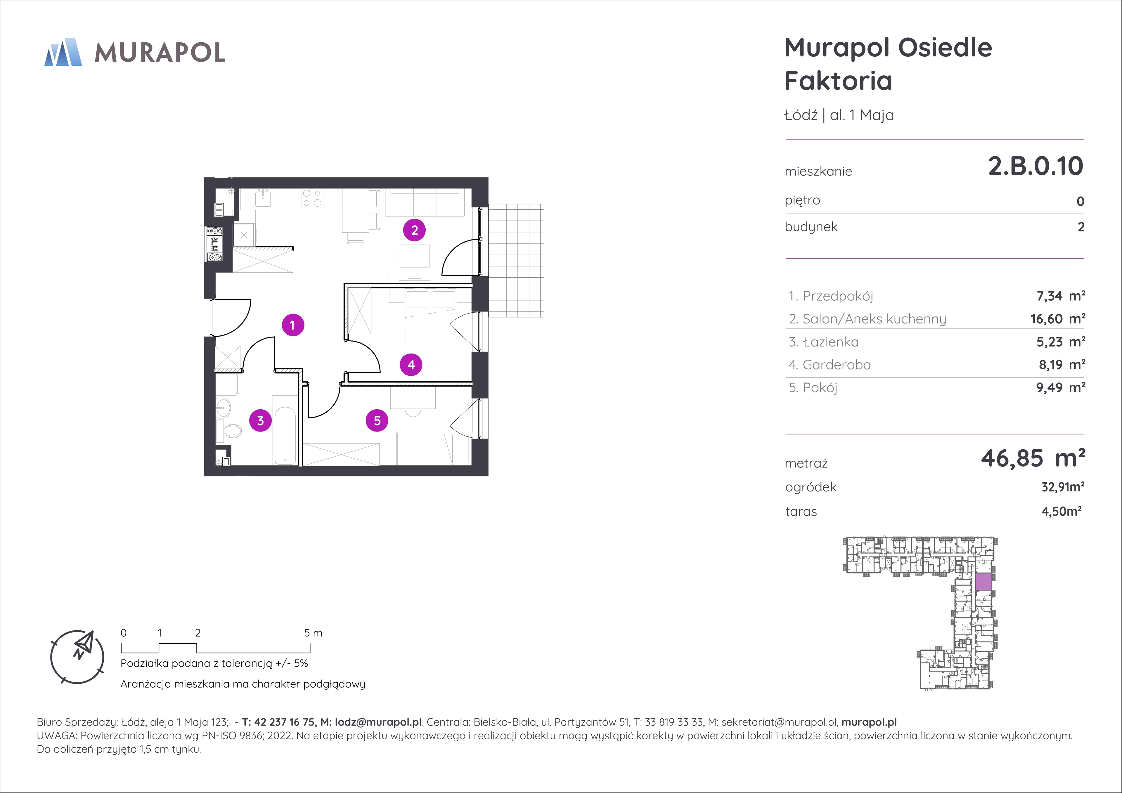 2 pokoje, mieszkanie 46,85 m², parter, oferta nr 2.B.0.10, Murapol Osiedle Faktoria, Łódź, Polesie, Stare Polesie, al. 1 Maja