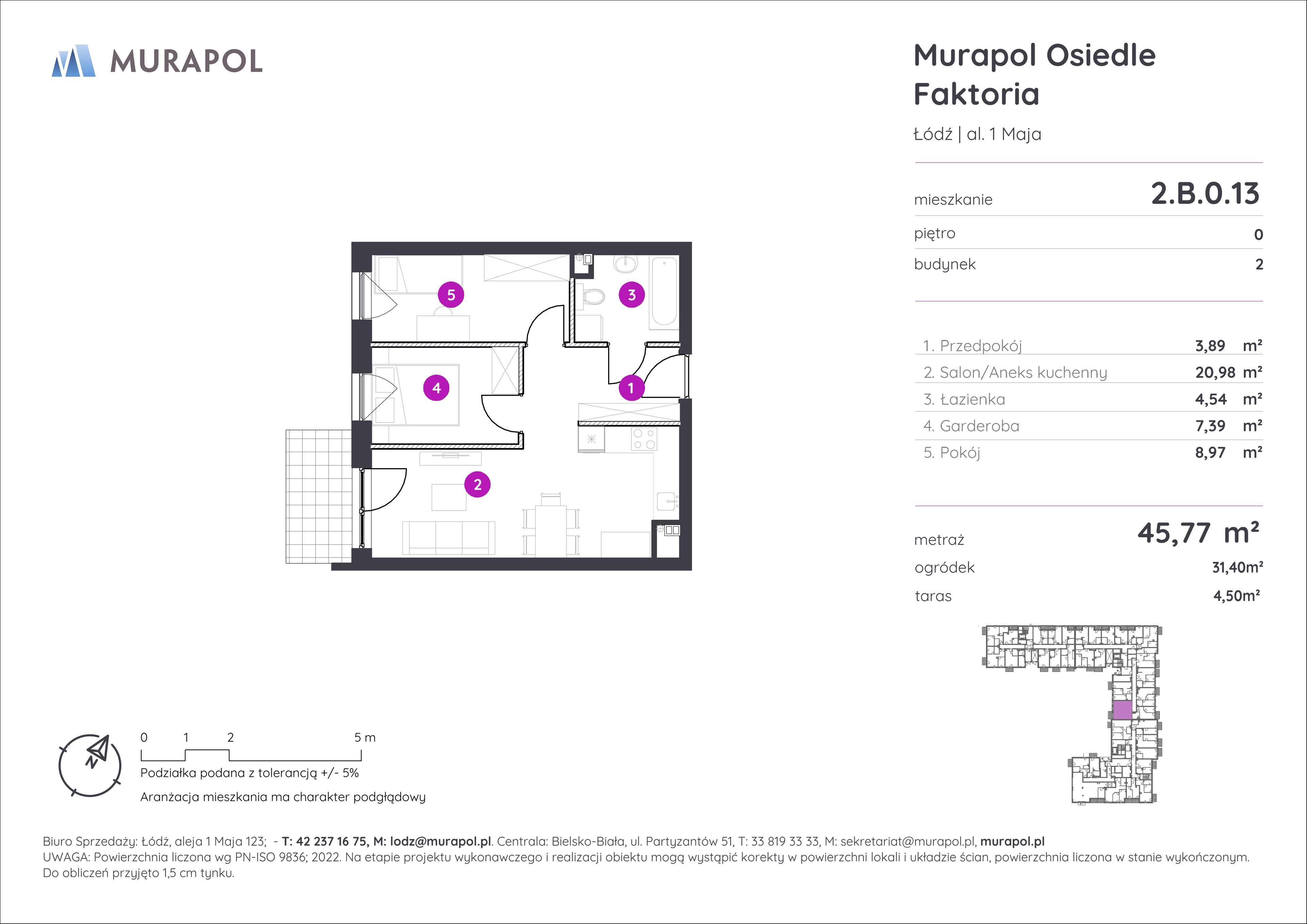 2 pokoje, mieszkanie 45,77 m², parter, oferta nr 2.B.0.13, Murapol Osiedle Faktoria, Łódź, Polesie, Stare Polesie, al. 1 Maja