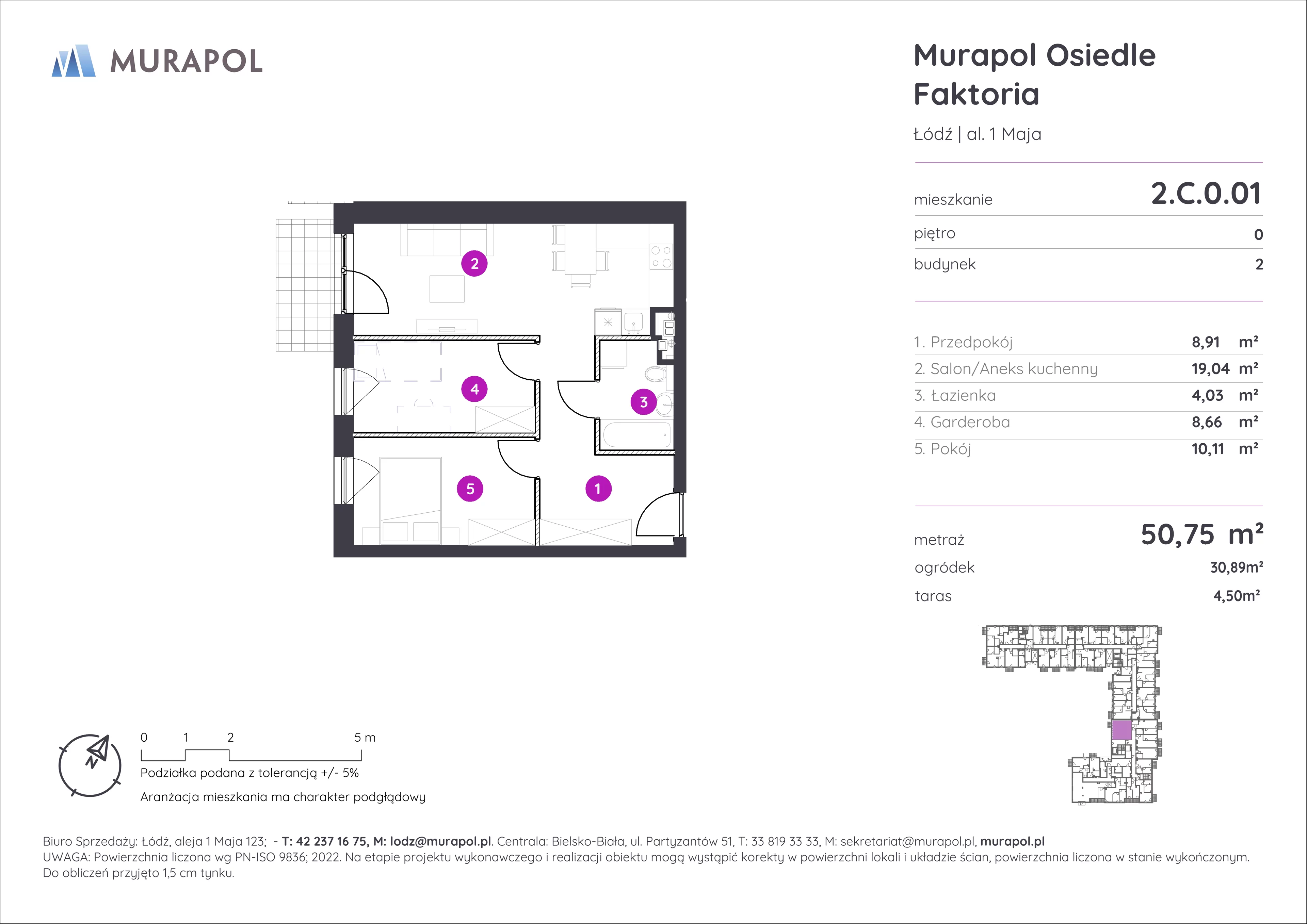 2 pokoje, mieszkanie 50,75 m², parter, oferta nr 2.C.0.01, Murapol Osiedle Faktoria, Łódź, Polesie, Stare Polesie, al. 1 Maja