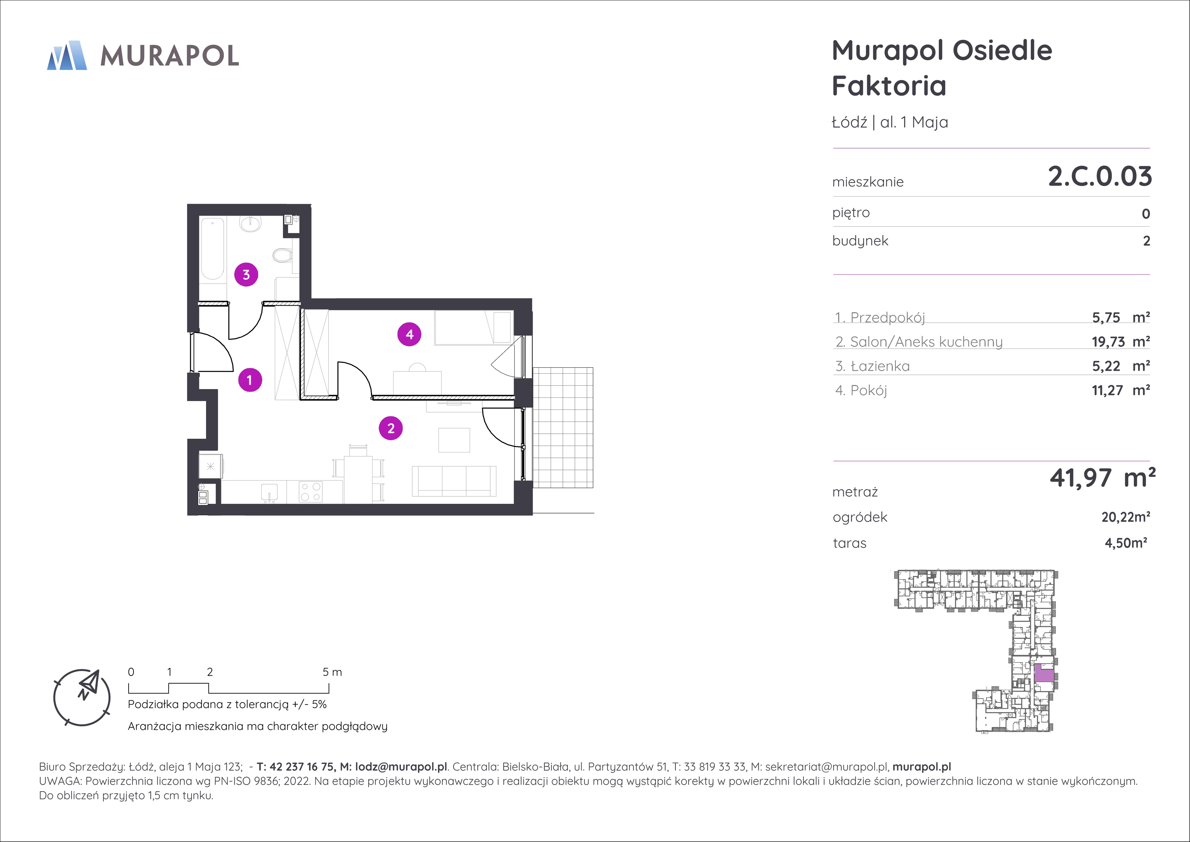2 pokoje, mieszkanie 41,97 m², parter, oferta nr 2.C.0.03, Murapol Osiedle Faktoria, Łódź, Polesie, Stare Polesie, al. 1 Maja