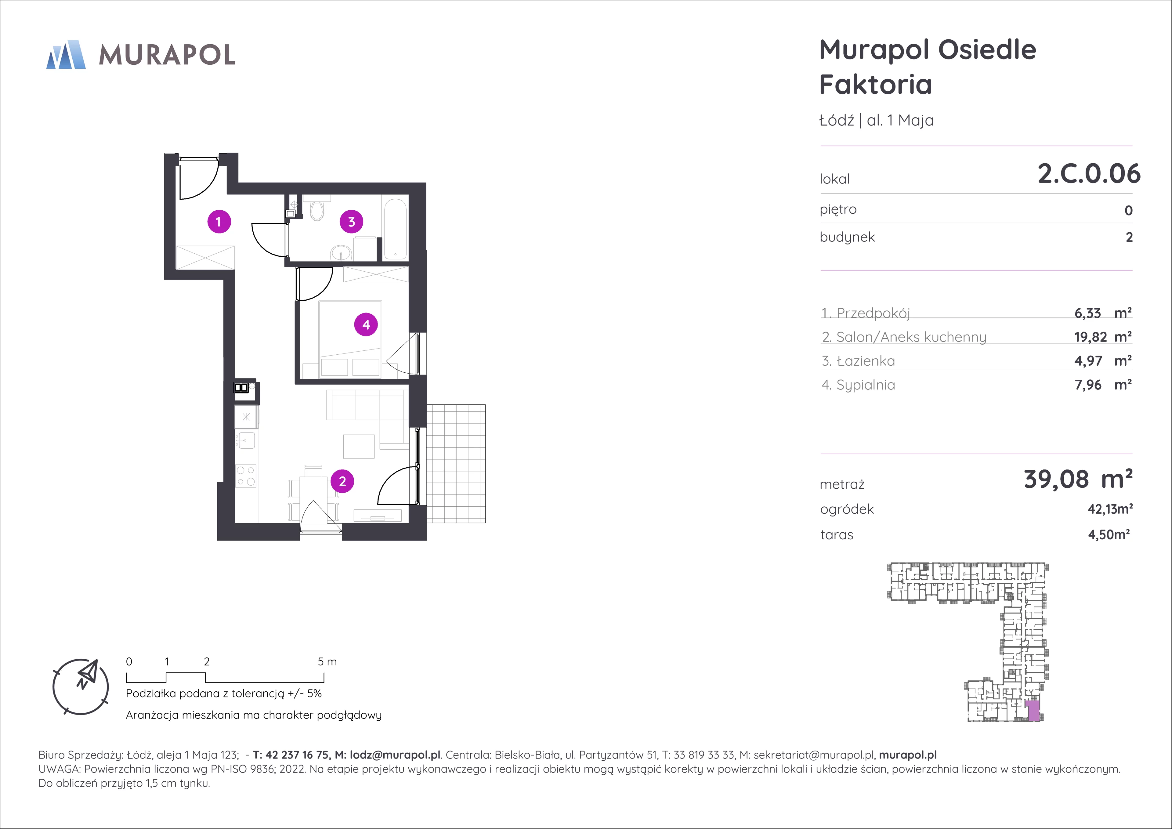 2 pokoje, mieszkanie 39,08 m², parter, oferta nr 2.C.0.06, Murapol Osiedle Faktoria, Łódź, Polesie, Stare Polesie, al. 1 Maja