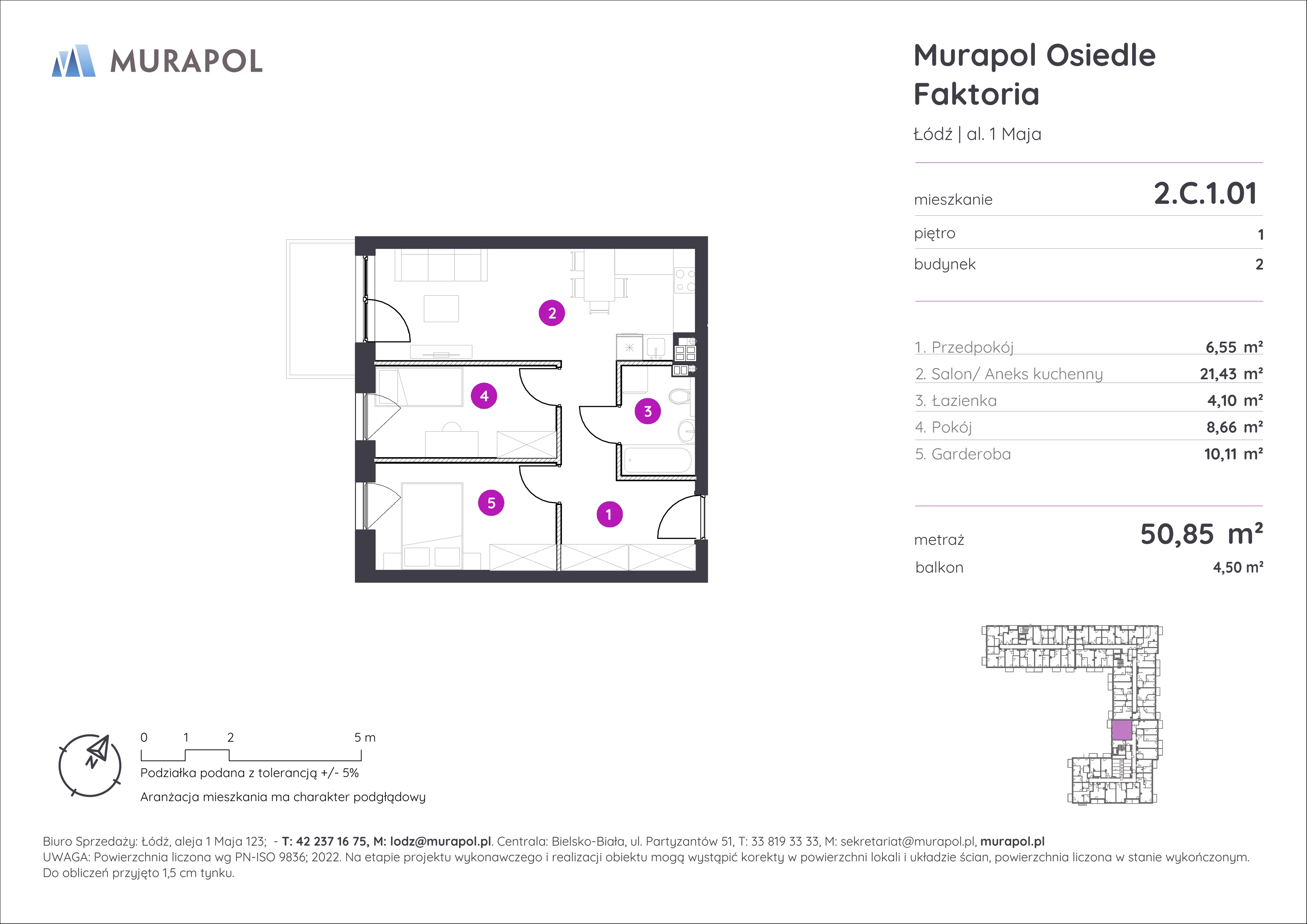 2 pokoje, mieszkanie 50,85 m², piętro 1, oferta nr 2.C.1.01, Murapol Osiedle Faktoria, Łódź, Polesie, Stare Polesie, al. 1 Maja