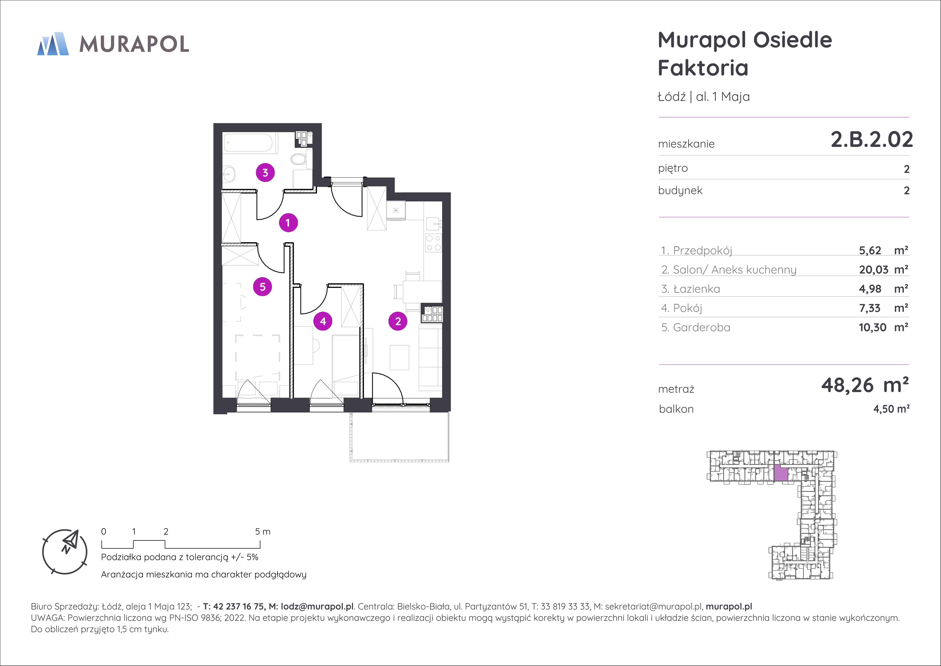2 pokoje, mieszkanie 48,26 m², piętro 2, oferta nr 2.B.2.02, Murapol Osiedle Faktoria, Łódź, Polesie, Stare Polesie, al. 1 Maja
