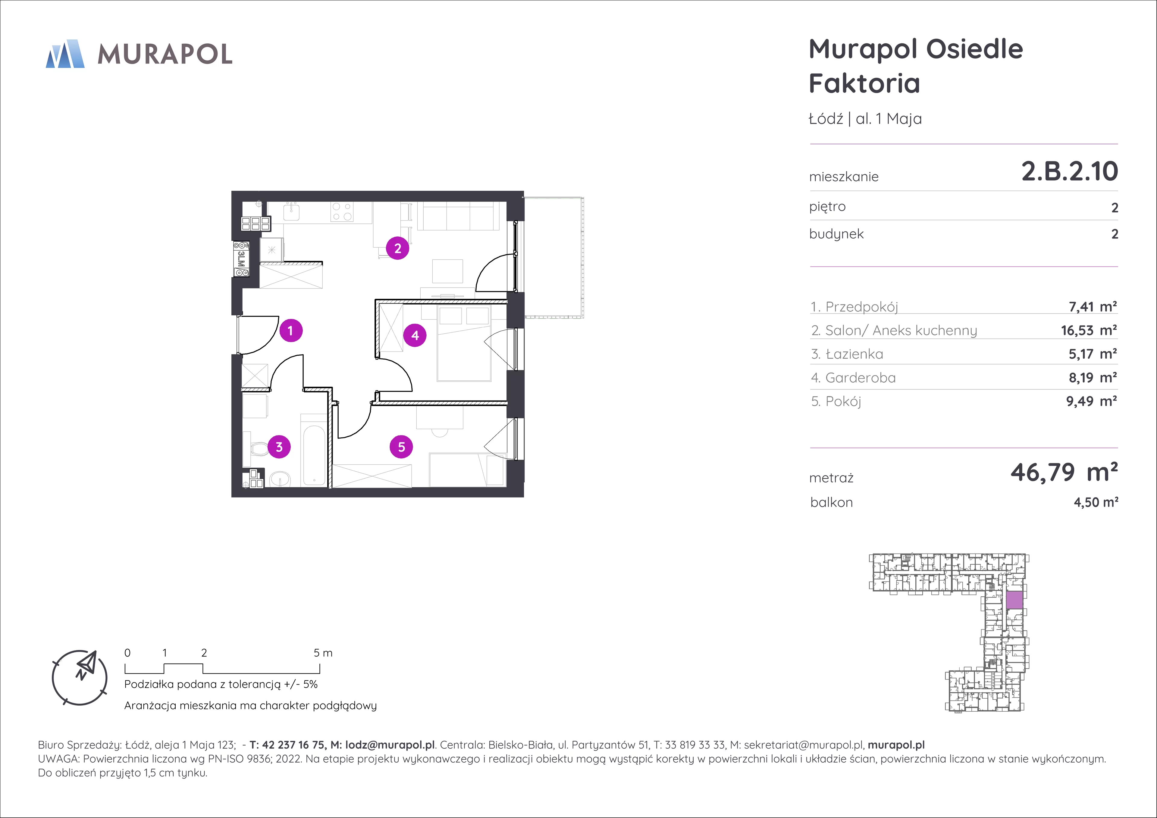 2 pokoje, mieszkanie 46,79 m², piętro 2, oferta nr 2.B.2.10, Murapol Osiedle Faktoria, Łódź, Polesie, Stare Polesie, al. 1 Maja