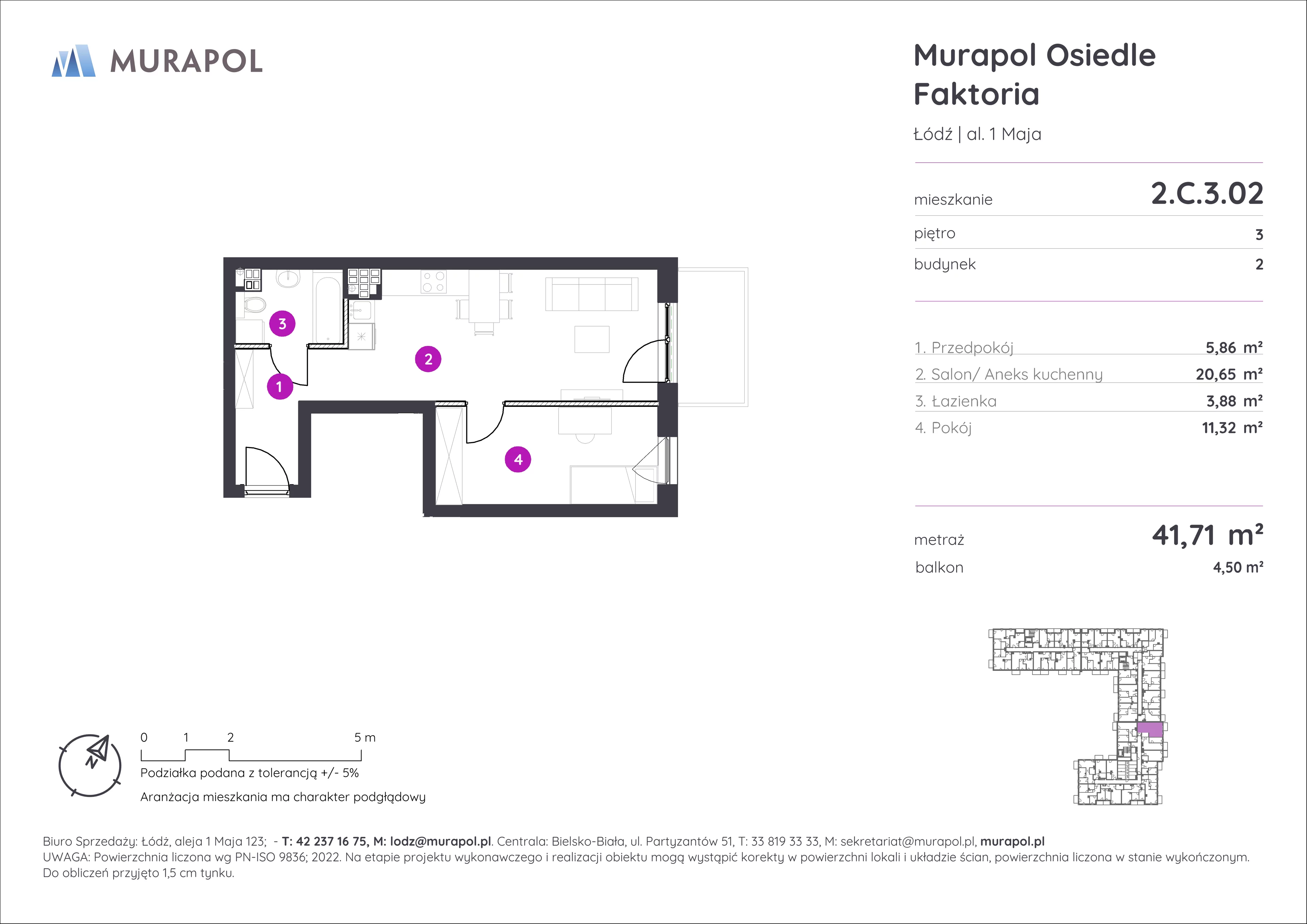 2 pokoje, mieszkanie 41,71 m², piętro 3, oferta nr 2.C.3.02, Murapol Osiedle Faktoria, Łódź, Polesie, Stare Polesie, al. 1 Maja