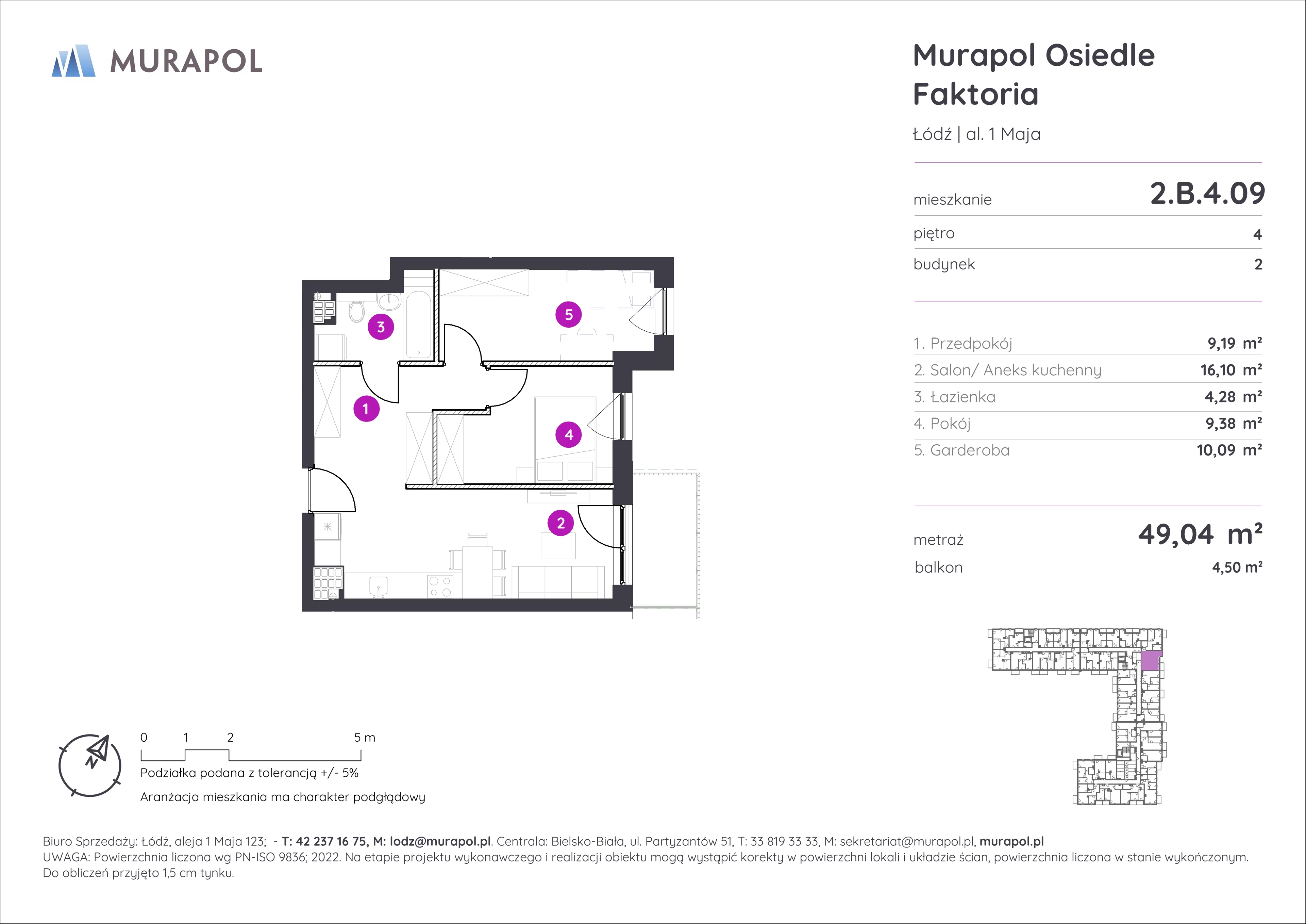 2 pokoje, mieszkanie 49,04 m², piętro 4, oferta nr 2.B.4.09, Murapol Osiedle Faktoria, Łódź, Polesie, Stare Polesie, al. 1 Maja