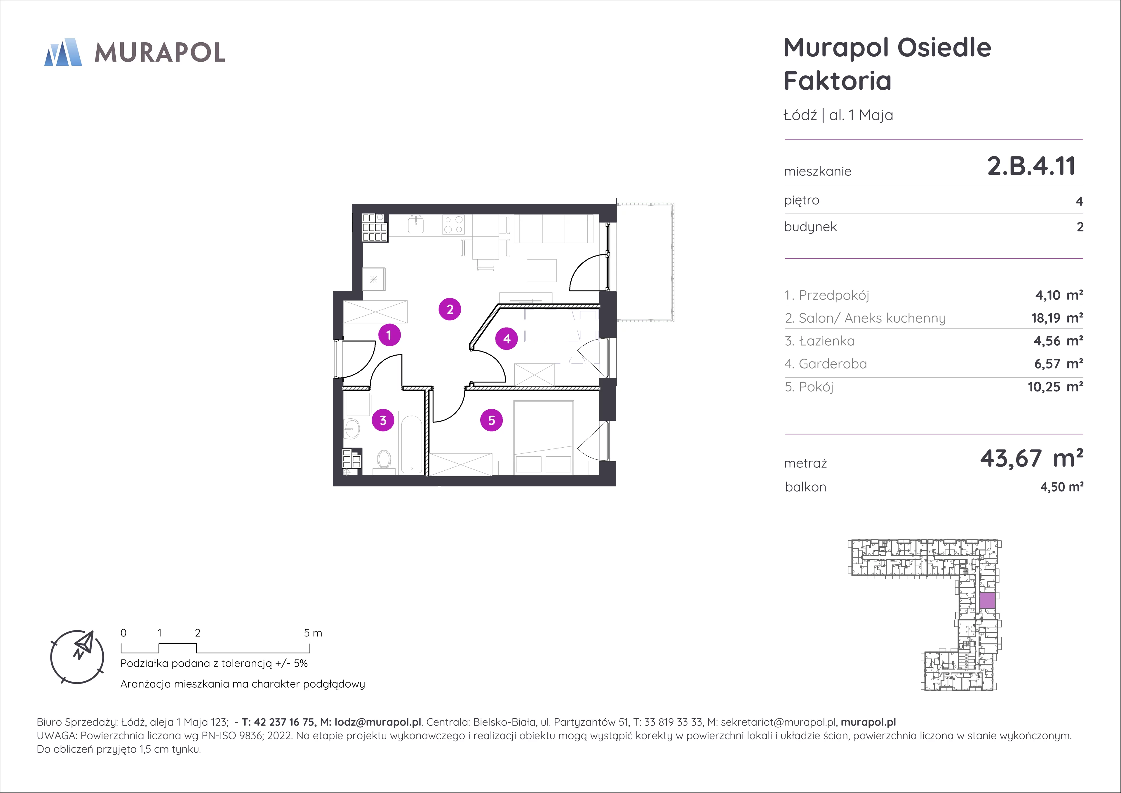 2 pokoje, mieszkanie 43,67 m², piętro 4, oferta nr 2.B.4.11, Murapol Osiedle Faktoria, Łódź, Polesie, Stare Polesie, al. 1 Maja