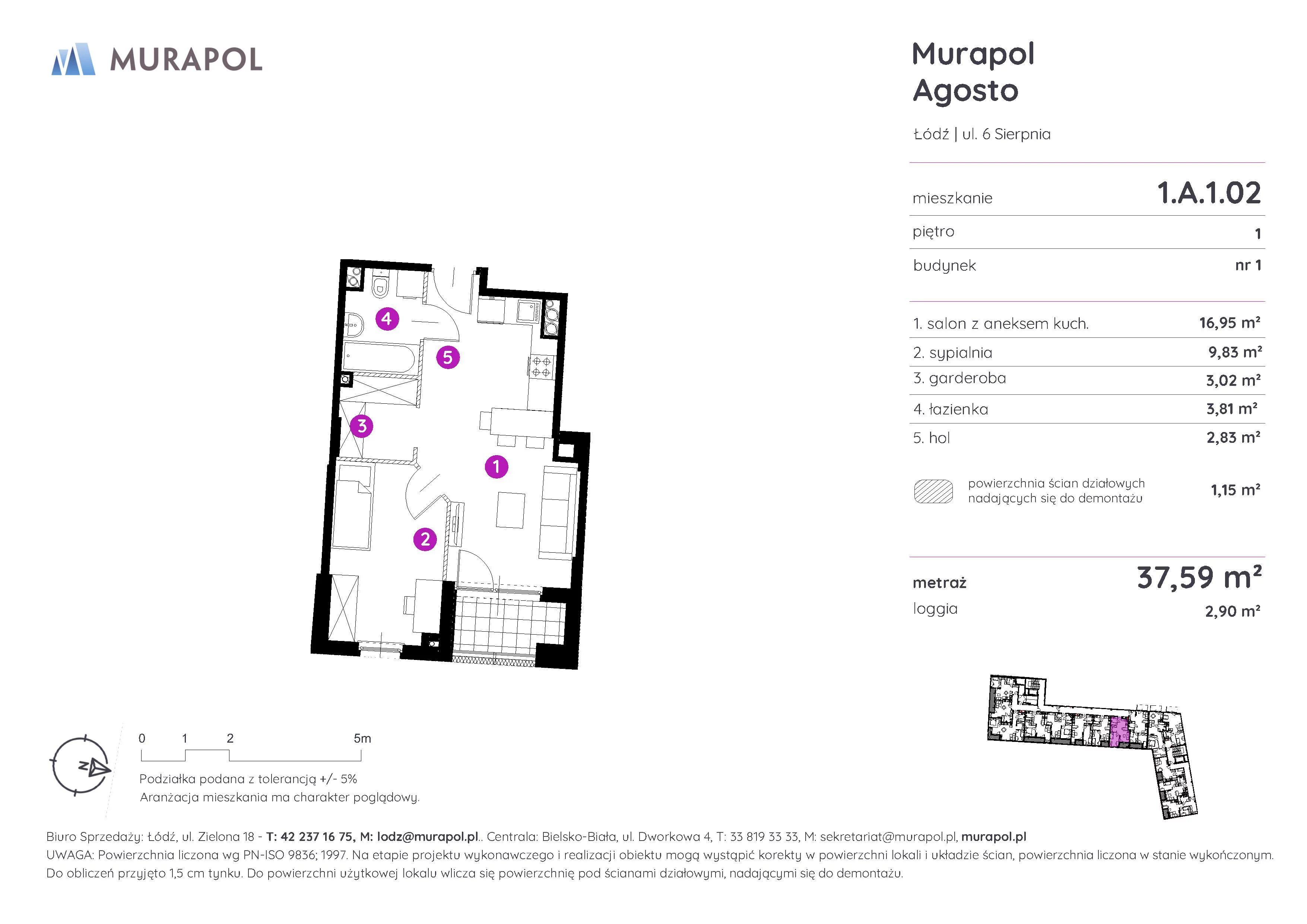 2 pokoje, mieszkanie 37,59 m², piętro 1, oferta nr 1.A.1.02, Murapol Agosto, Łódź, Polesie, Stare Polesie, ul. 6 Sierpnia