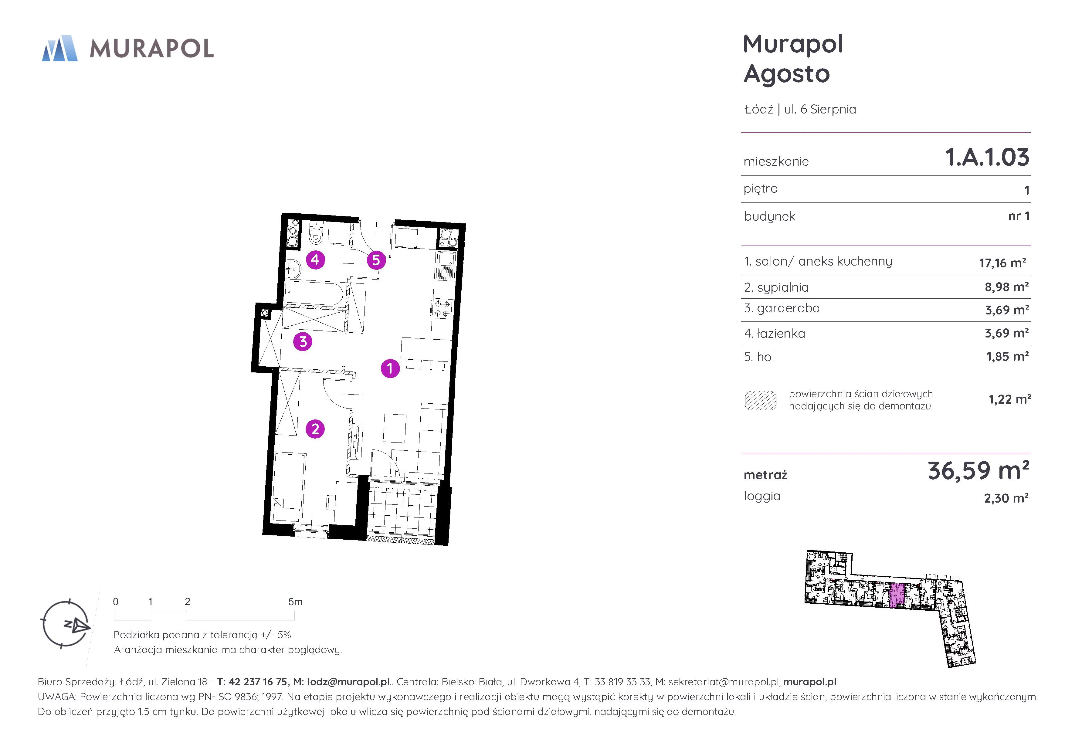 Mieszkanie 36,59 m², piętro 1, oferta nr 1.A.1.03, Murapol Agosto, Łódź, Polesie, Stare Polesie, ul. 6 Sierpnia