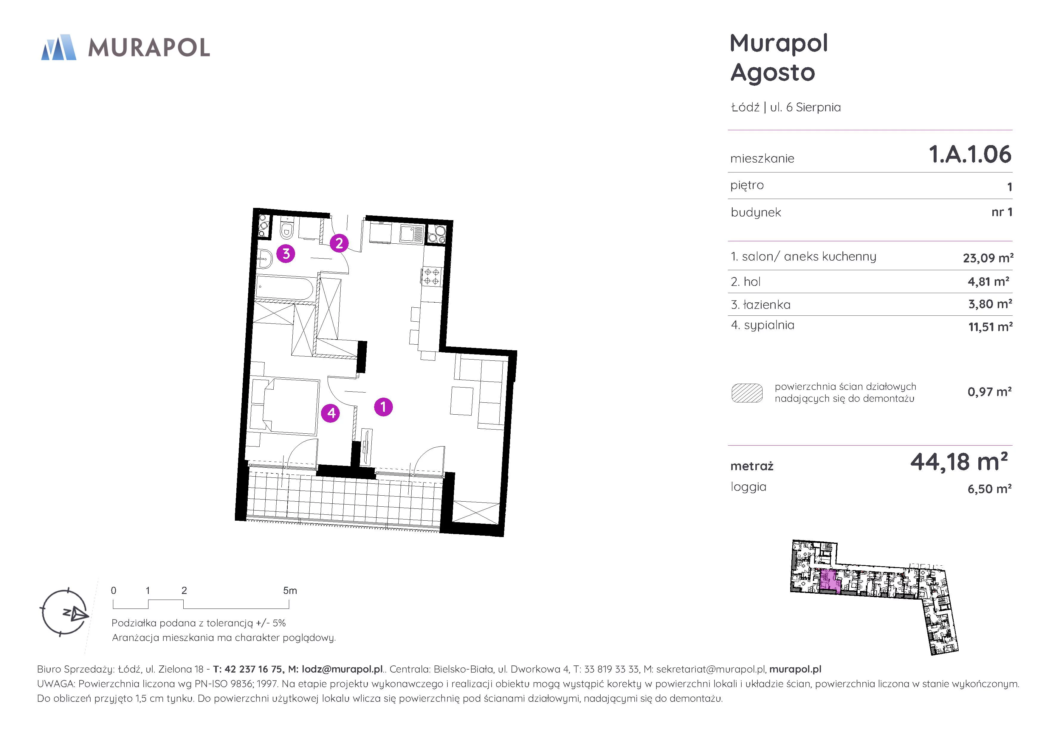 Mieszkanie 44,18 m², piętro 1, oferta nr 1.A.1.06, Murapol Agosto, Łódź, Polesie, Stare Polesie, ul. 6 Sierpnia