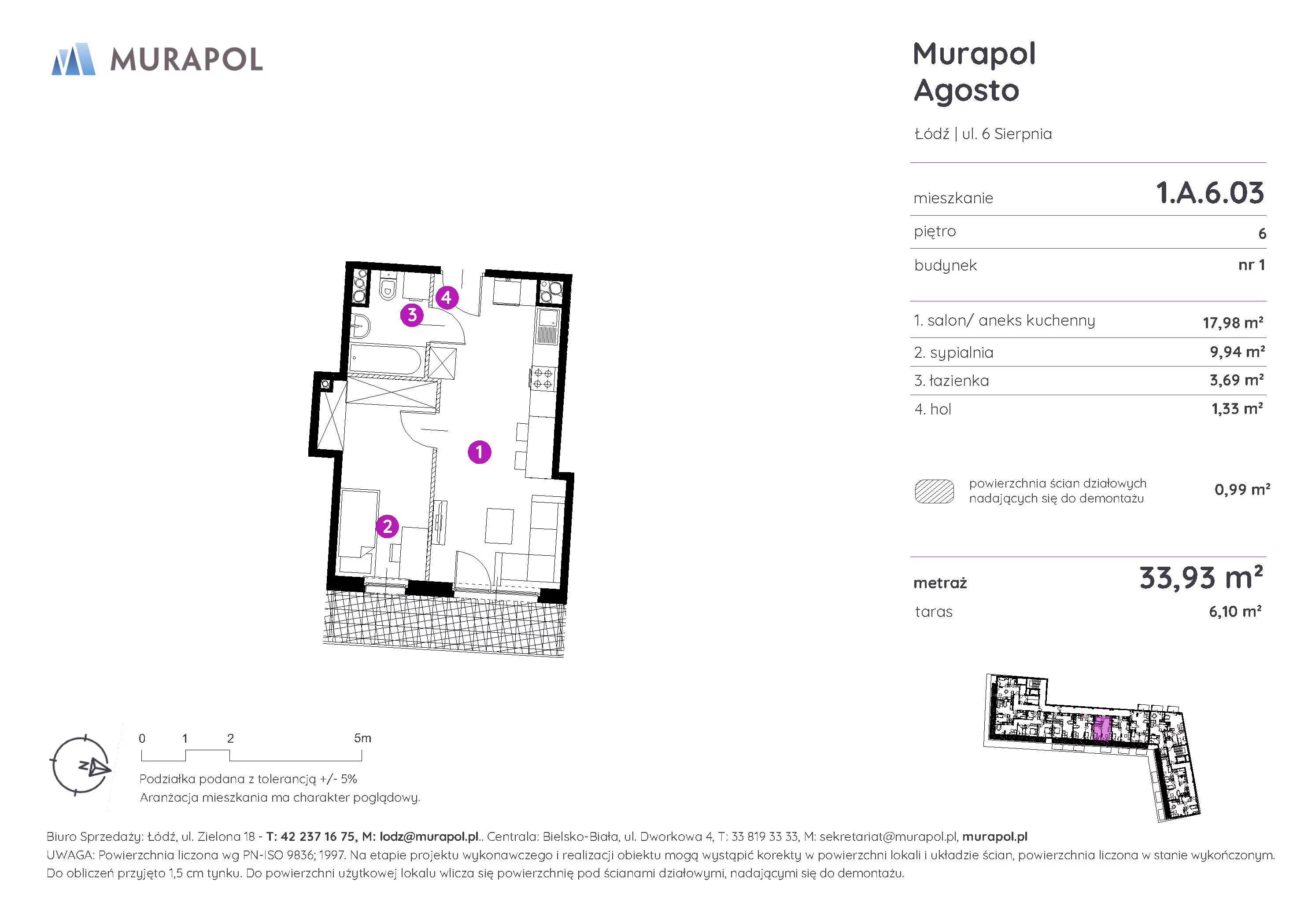 Mieszkanie 33,93 m², piętro 6, oferta nr 1.A.6.03, Murapol Agosto, Łódź, Polesie, Stare Polesie, ul. 6 Sierpnia