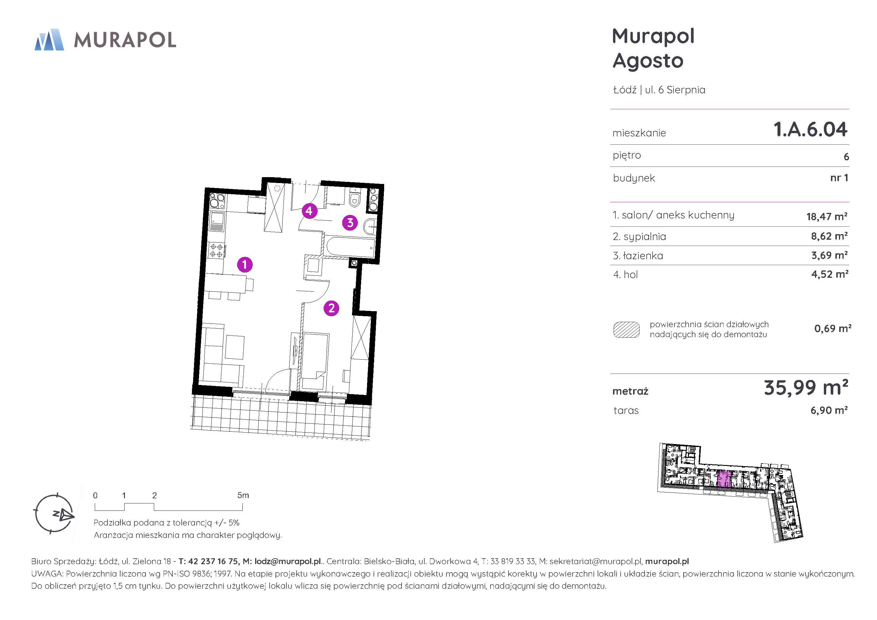 2 pokoje, mieszkanie 35,99 m², piętro 6, oferta nr 1.A.6.04, Murapol Agosto, Łódź, Polesie, Stare Polesie, ul. 6 Sierpnia