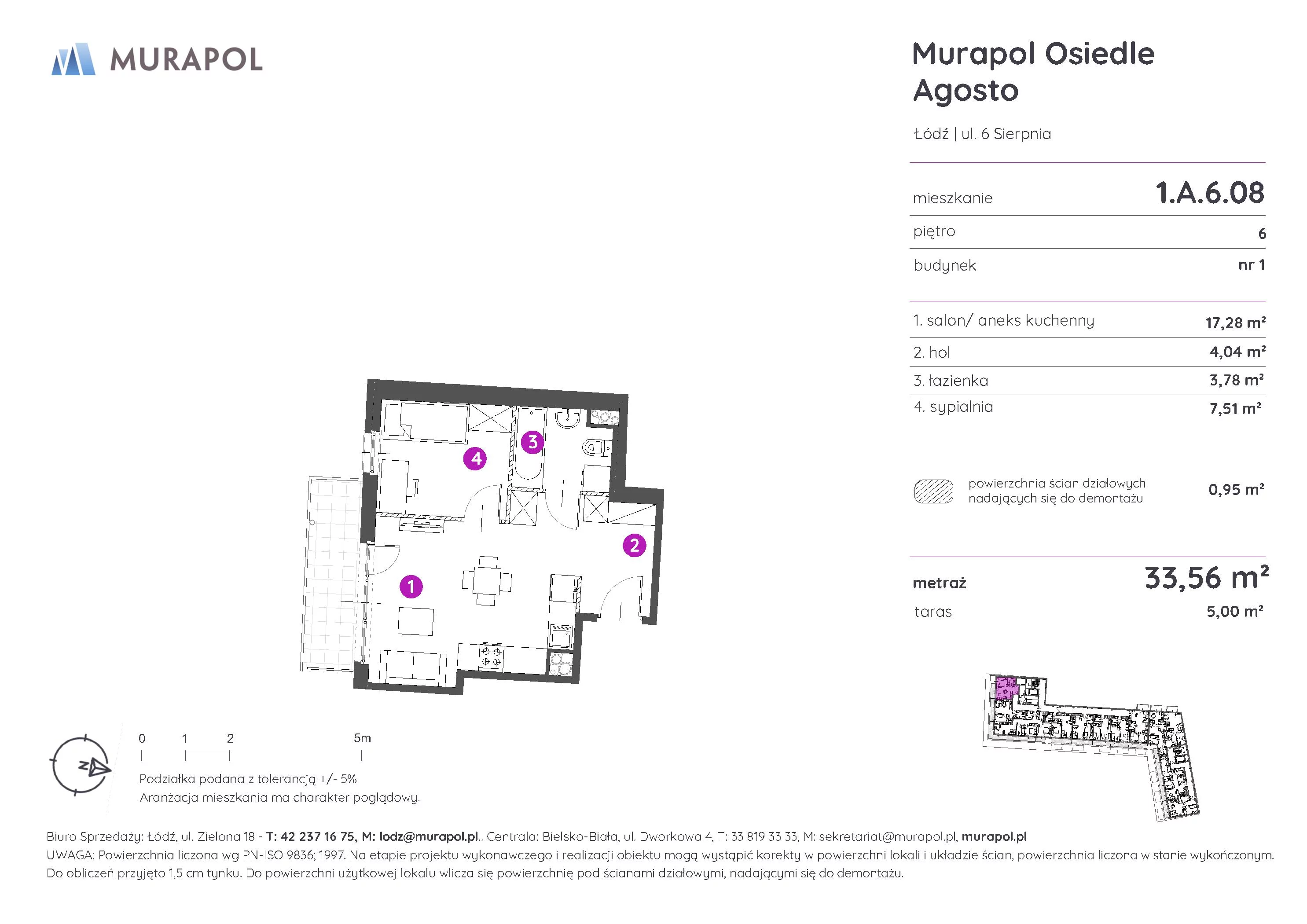 2 pokoje, mieszkanie 33,56 m², piętro 6, oferta nr 1.A.6.08, Murapol Agosto, Łódź, Polesie, Stare Polesie, ul. 6 Sierpnia